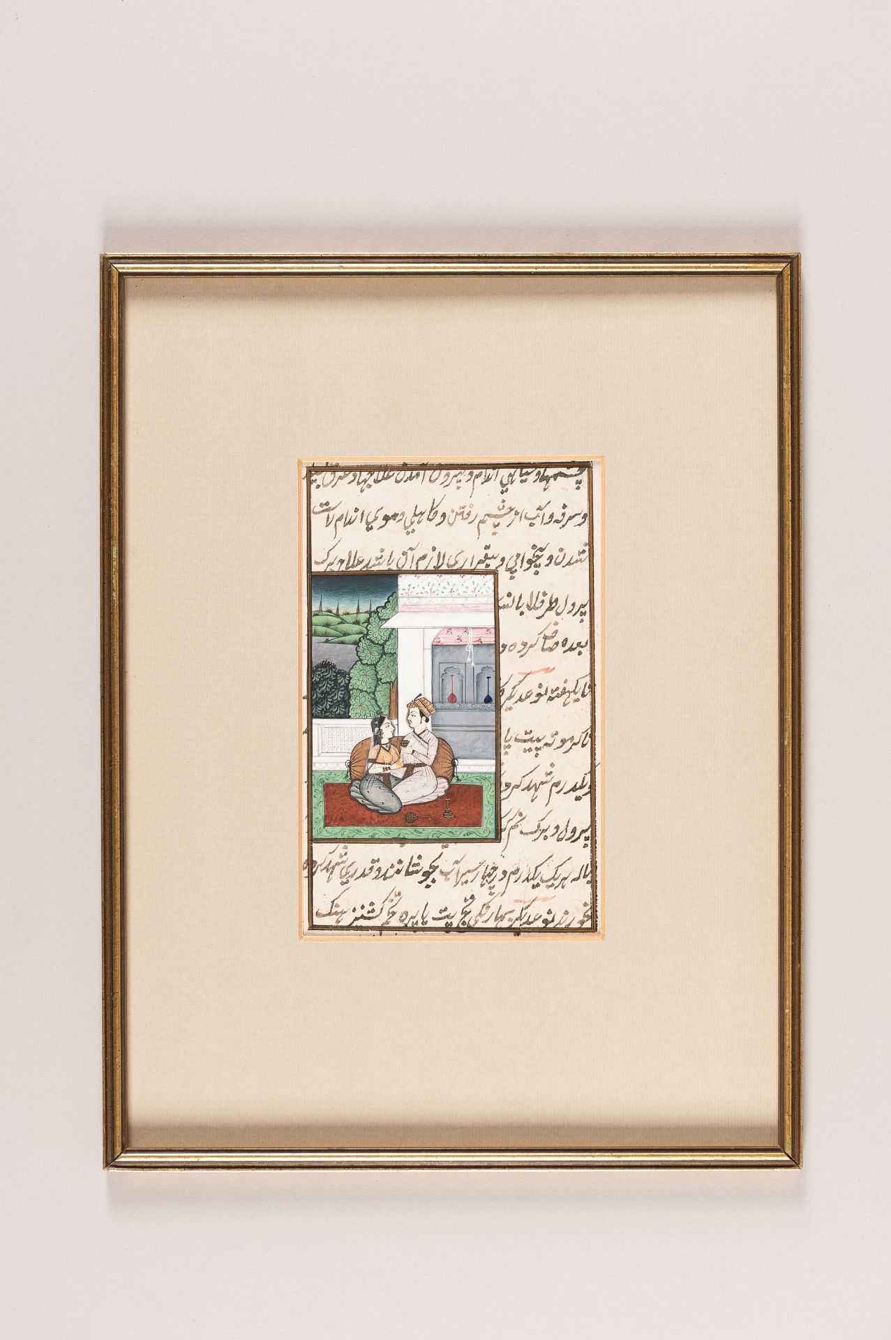 A MUGHAL MINIATURE PAINTING OF A COUPLE ON A TERRACE - Image 2 of 6