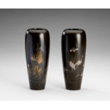 A PAIR OF INLAID BRONZE VASES WITH EGRETS, MEIJI