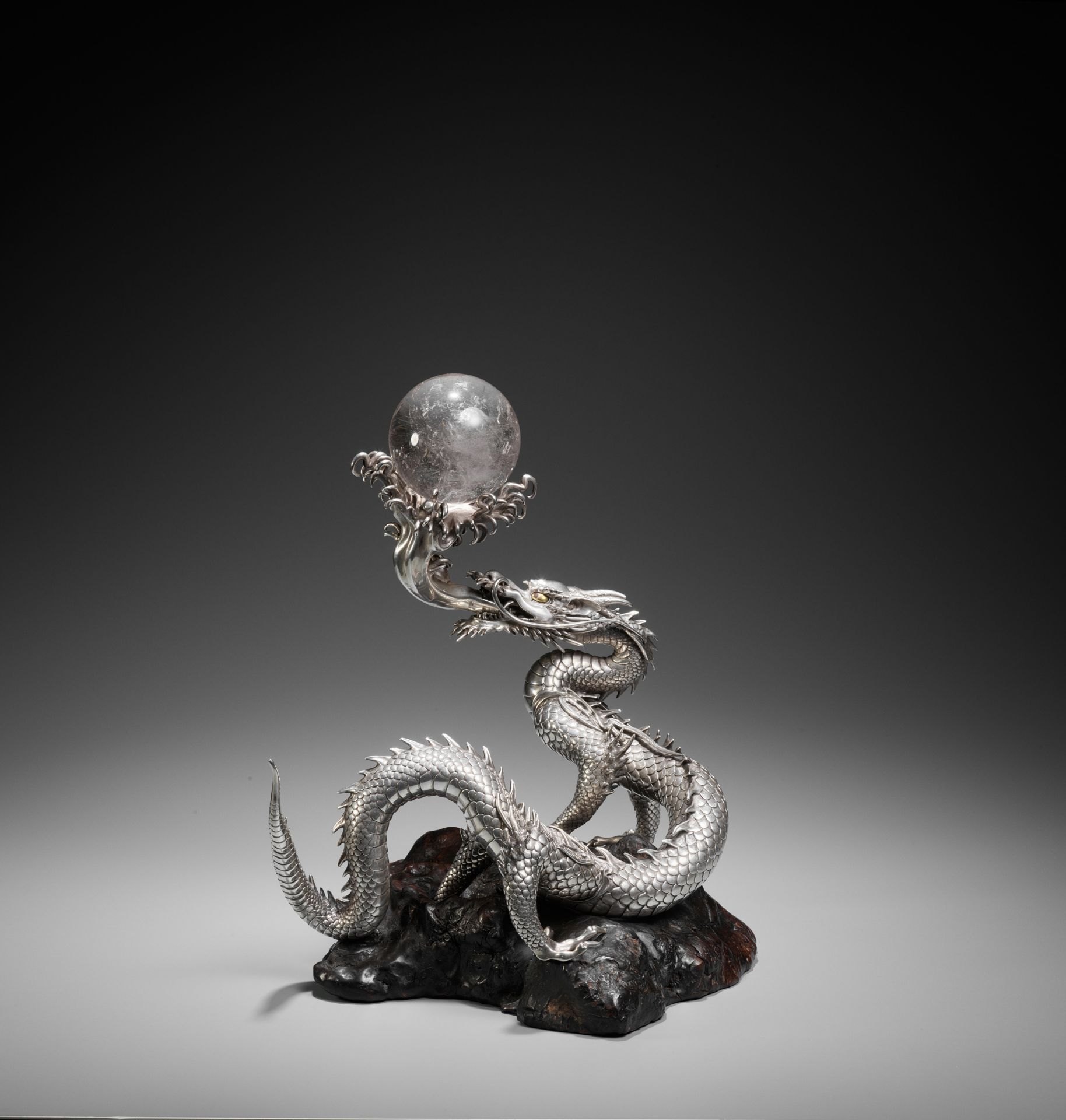 SANMI: A MASTERFUL SILVER OKIMONO OF A DRAGON WITH ROCK CRYSTAL SPHERE - Image 8 of 20
