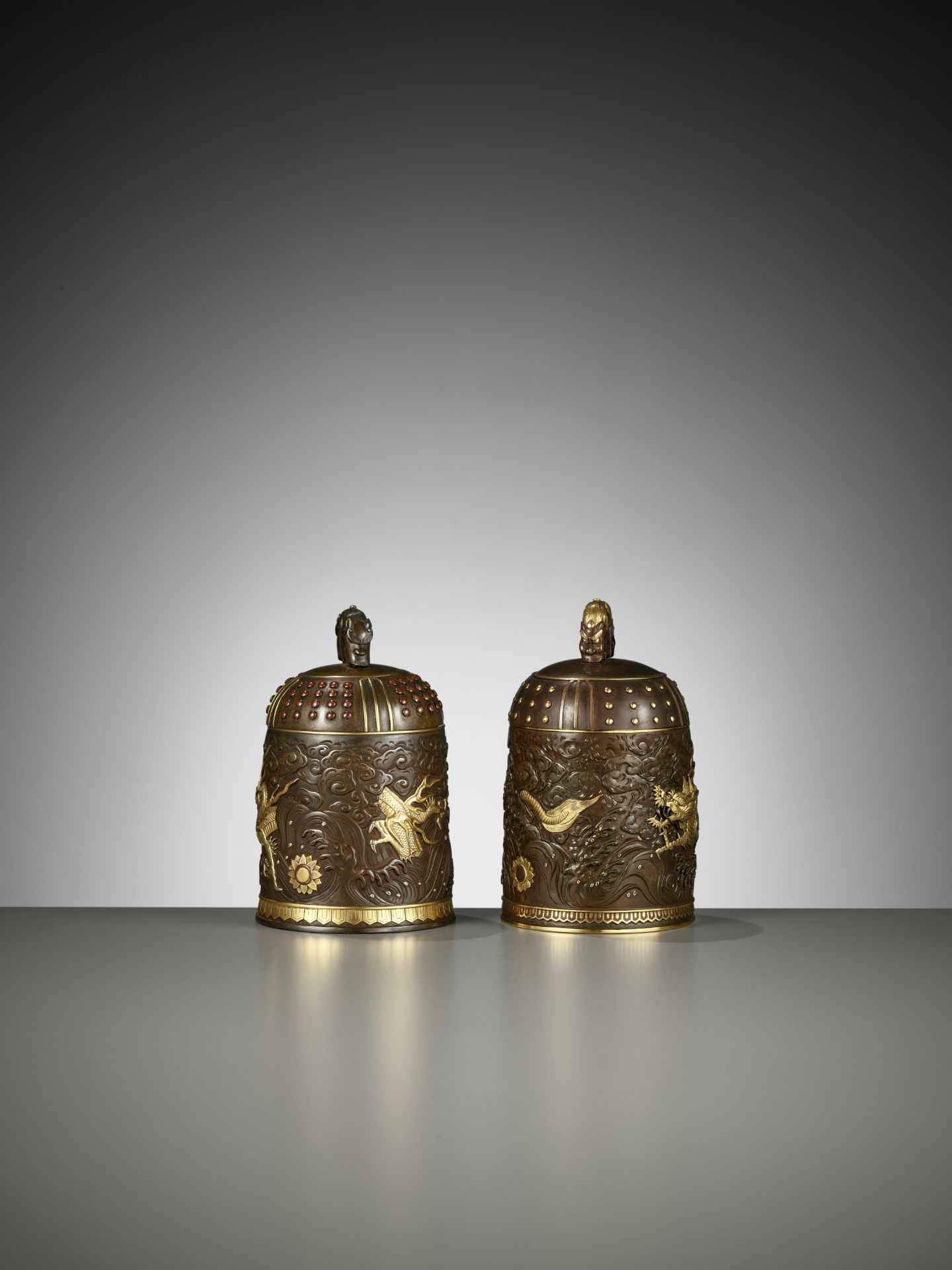 A MATCHED PAIR OF GOLD-INLAID BRONZE 'BUDDHIST TEMPLE BELL' KOGO, ONE BY MIYABE ATSUYOSHI - Image 7 of 15