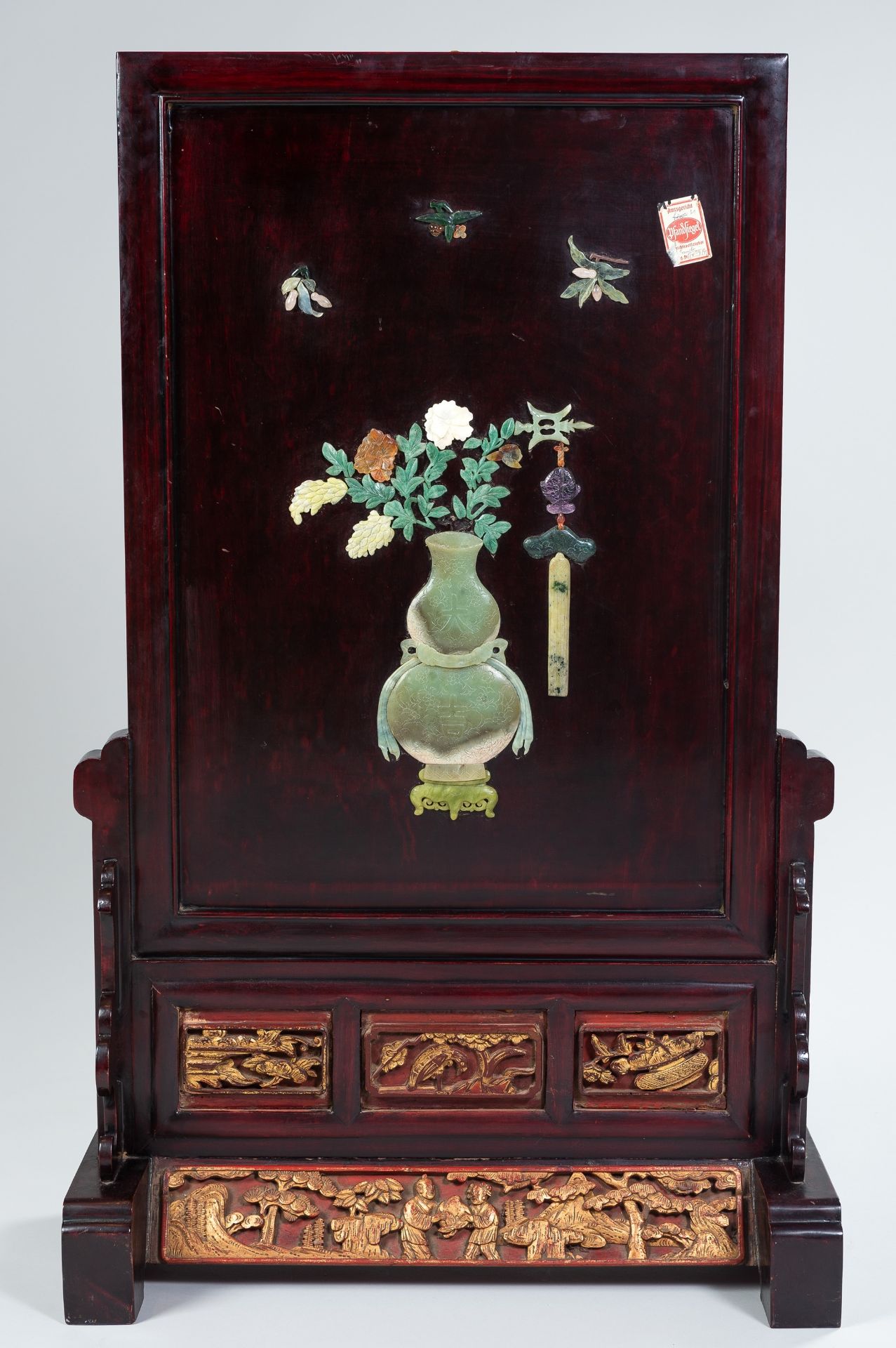 A LACQUERED WOOD TABLE SCREEN WITH INLAYS