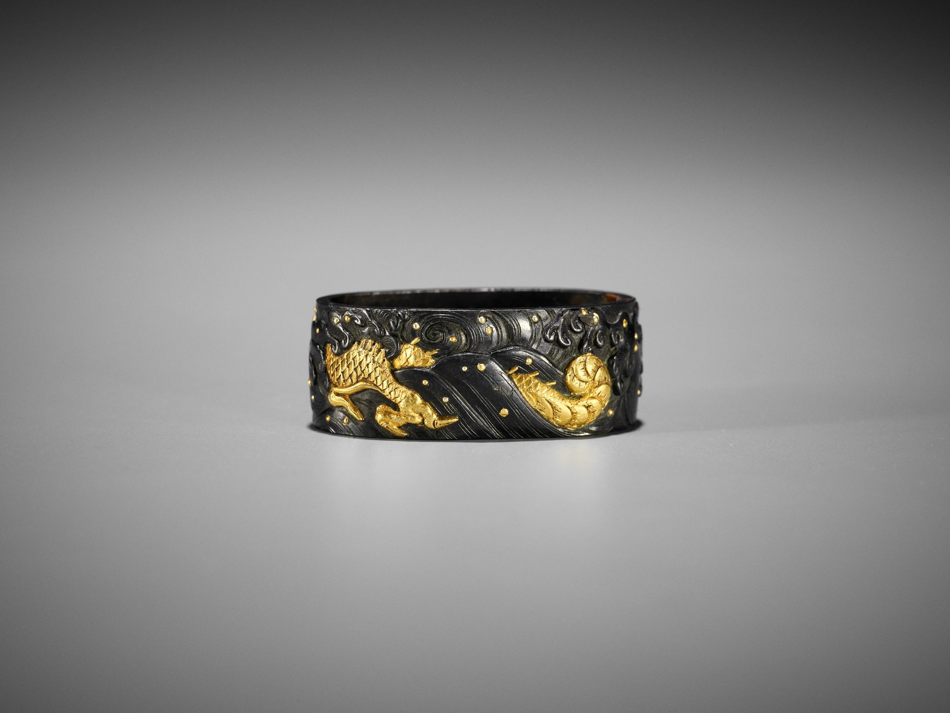 MASATOMO: A FINE SHAKUDO AND GOLD FUCHI AND KASHIRA WITH DRAGONS IN CRASHING WAVES - Image 3 of 7