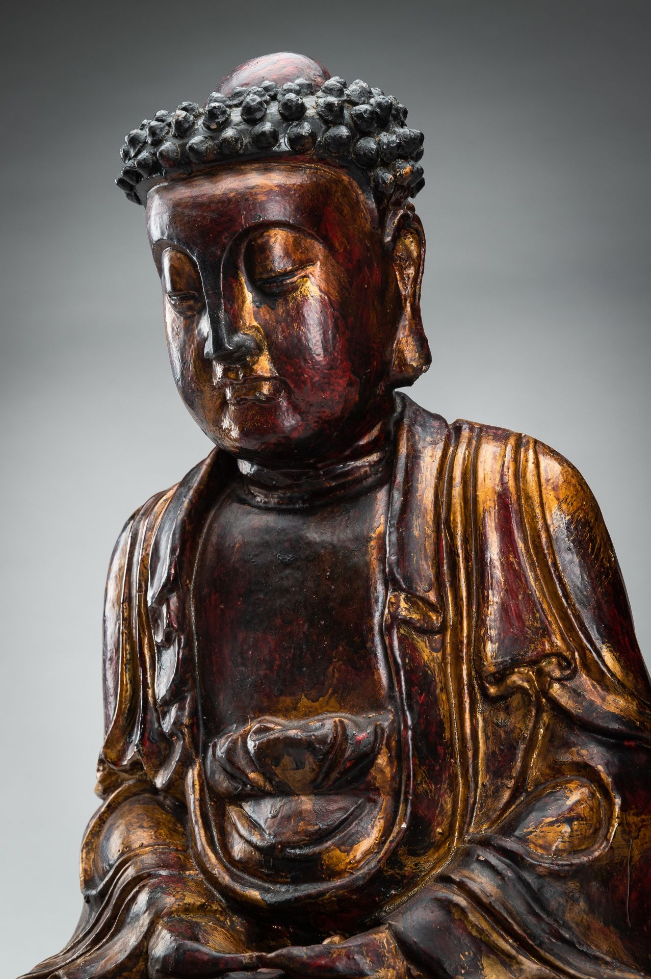 A POLYCHROME LACQUERED MING DYNASTY FIGURE OF BUDDHA - Image 7 of 13