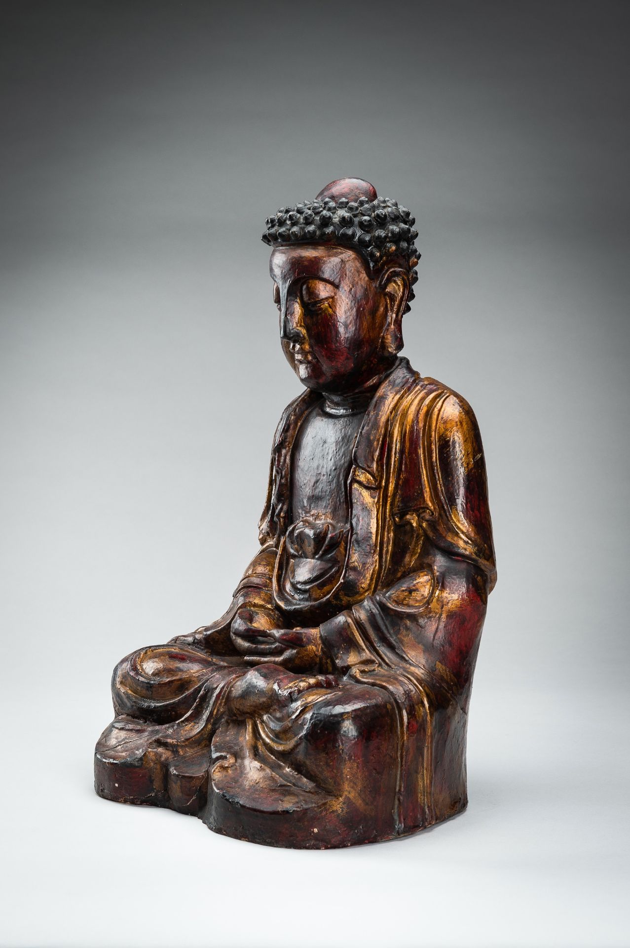 A POLYCHROME LACQUERED MING DYNASTY FIGURE OF BUDDHA - Image 8 of 13