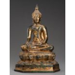 A LARGE GOLD LACQUERED BRONZE FIGURE OF BUDDHA