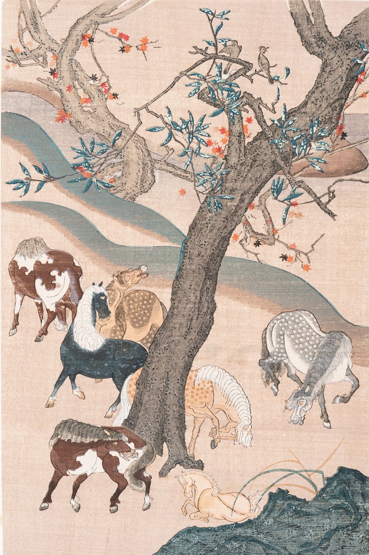 A COLOR WOODBLOCK PRINT OF HORSES