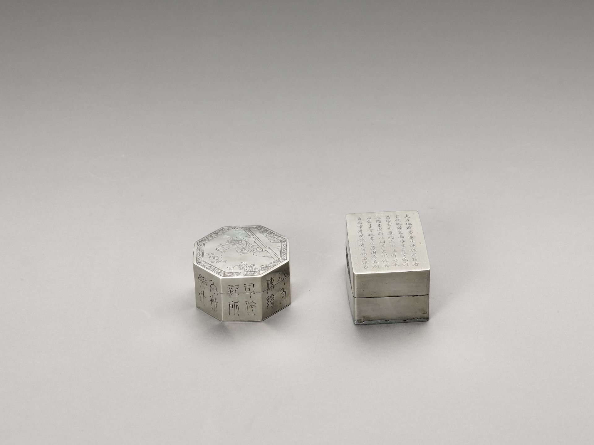 TWO SILVERED METAL INK STONE BOXES, LATE QING TO REPUBLIC - Bild 5 aus 5