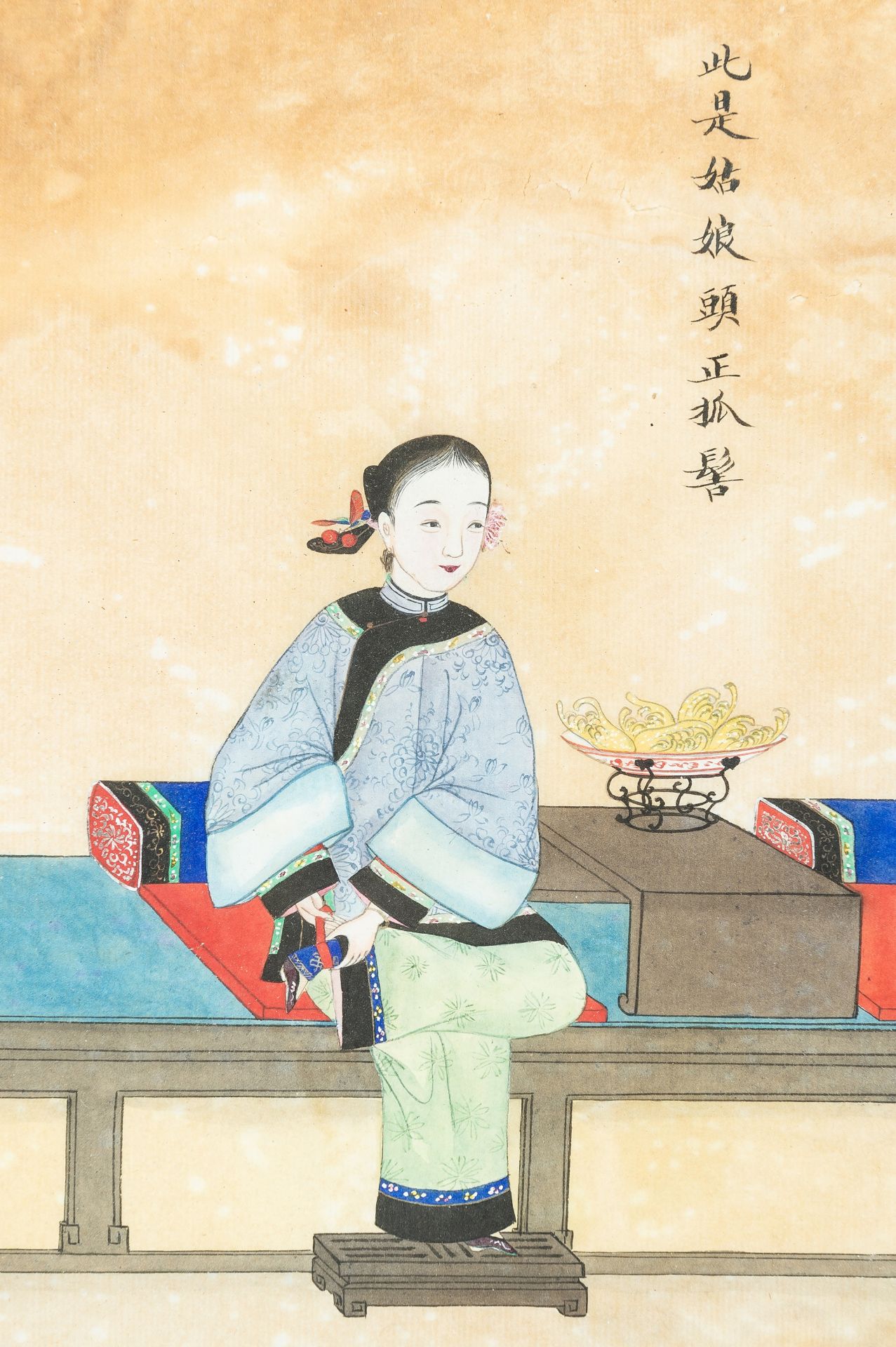 ZHOU PEI CHUN (active 1880-1910): A PAINTING OF A COURT LADY ADJUSTING HER SHOES, 1900s