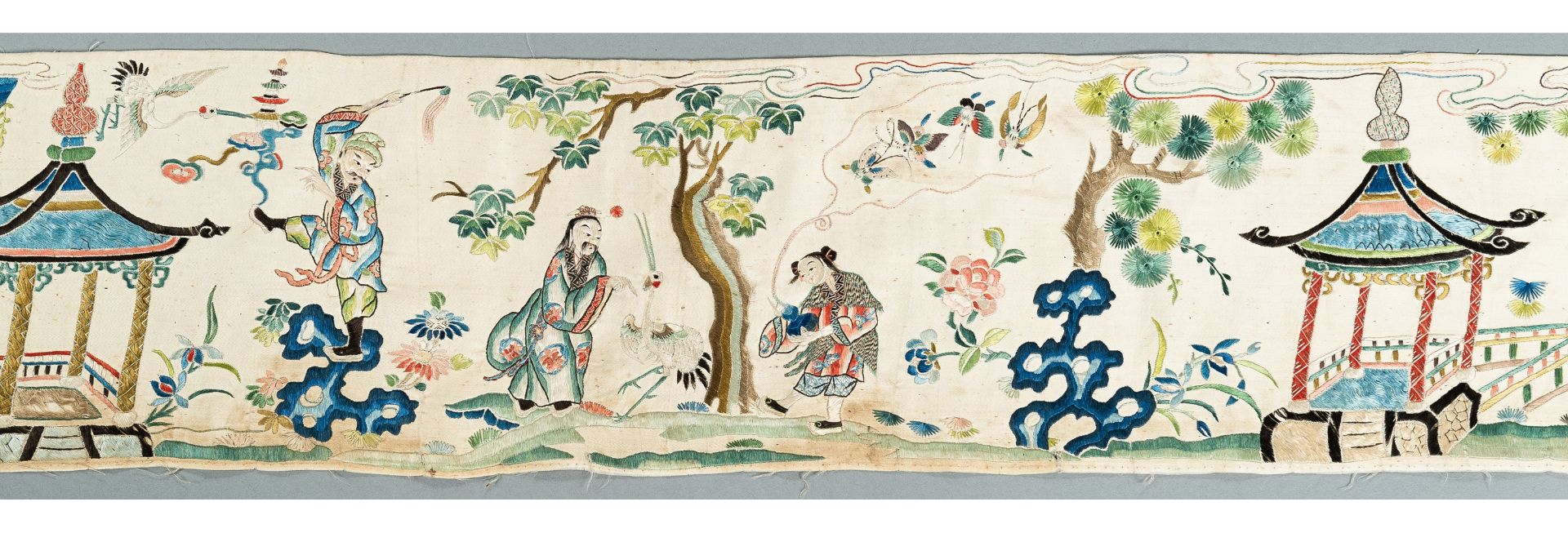 A VERY LARGE SILK 'IMMORTALS' PANEL, QING