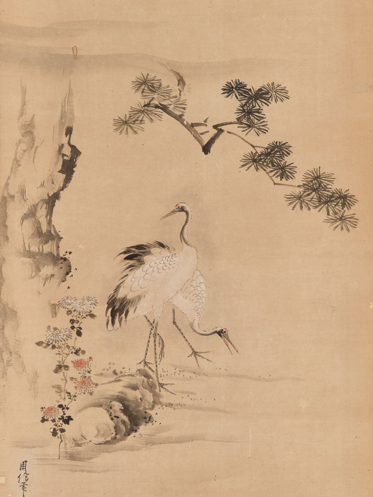 KANO CHIKANOBU: THREE SCROLL PAINTINGS DEPICTING JUROJIN AND DEER, CRANES, AND MINOGAME - Image 5 of 13