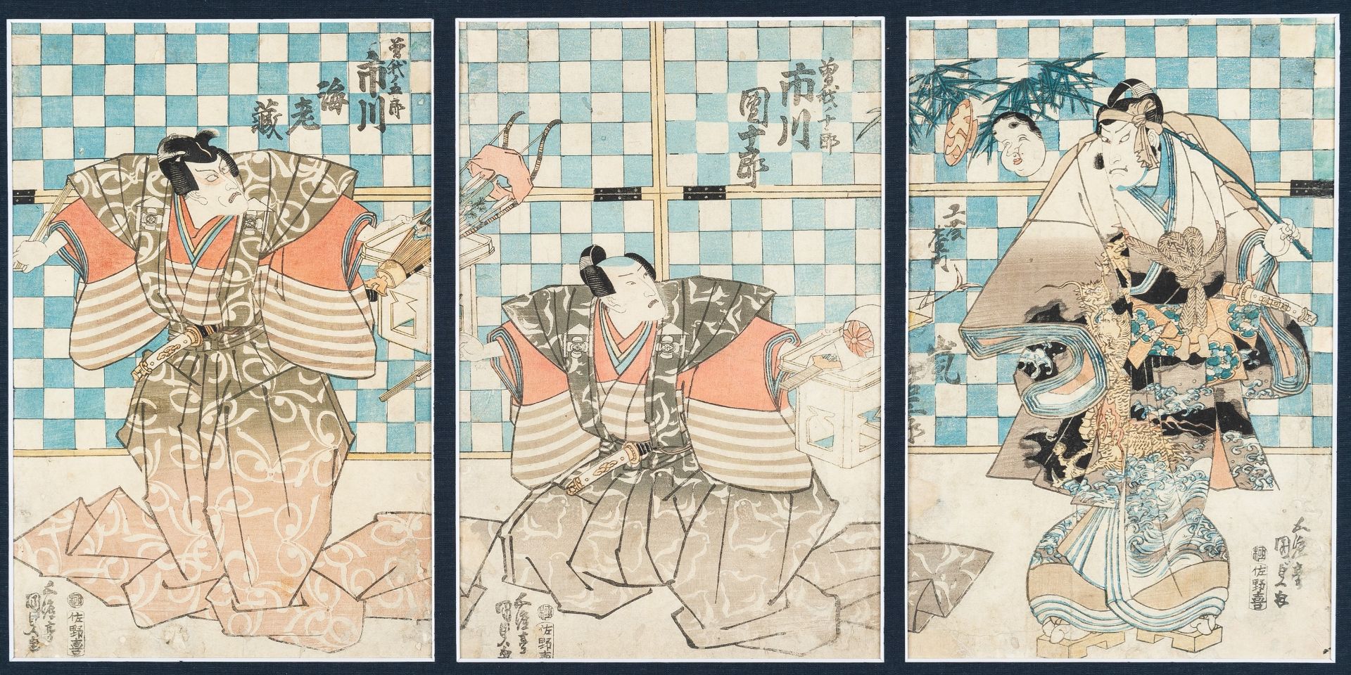 UTAGAWA TOYOKUNI III: A COLOR WOODBLOCK PRINT TYPTICH DEPICTING SOGA MONOGATARI