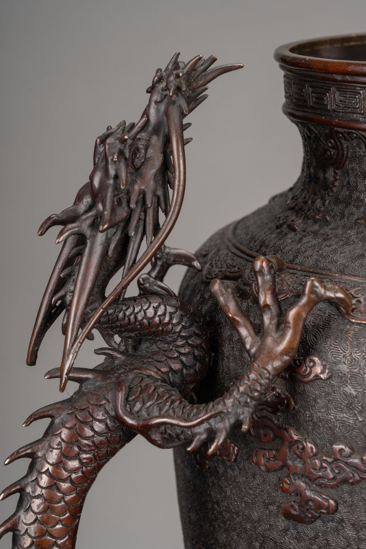 A TALL BRONZE KORO-SHAPE VESSEL 'SAMURAI WITH HAWK' - Image 3 of 12