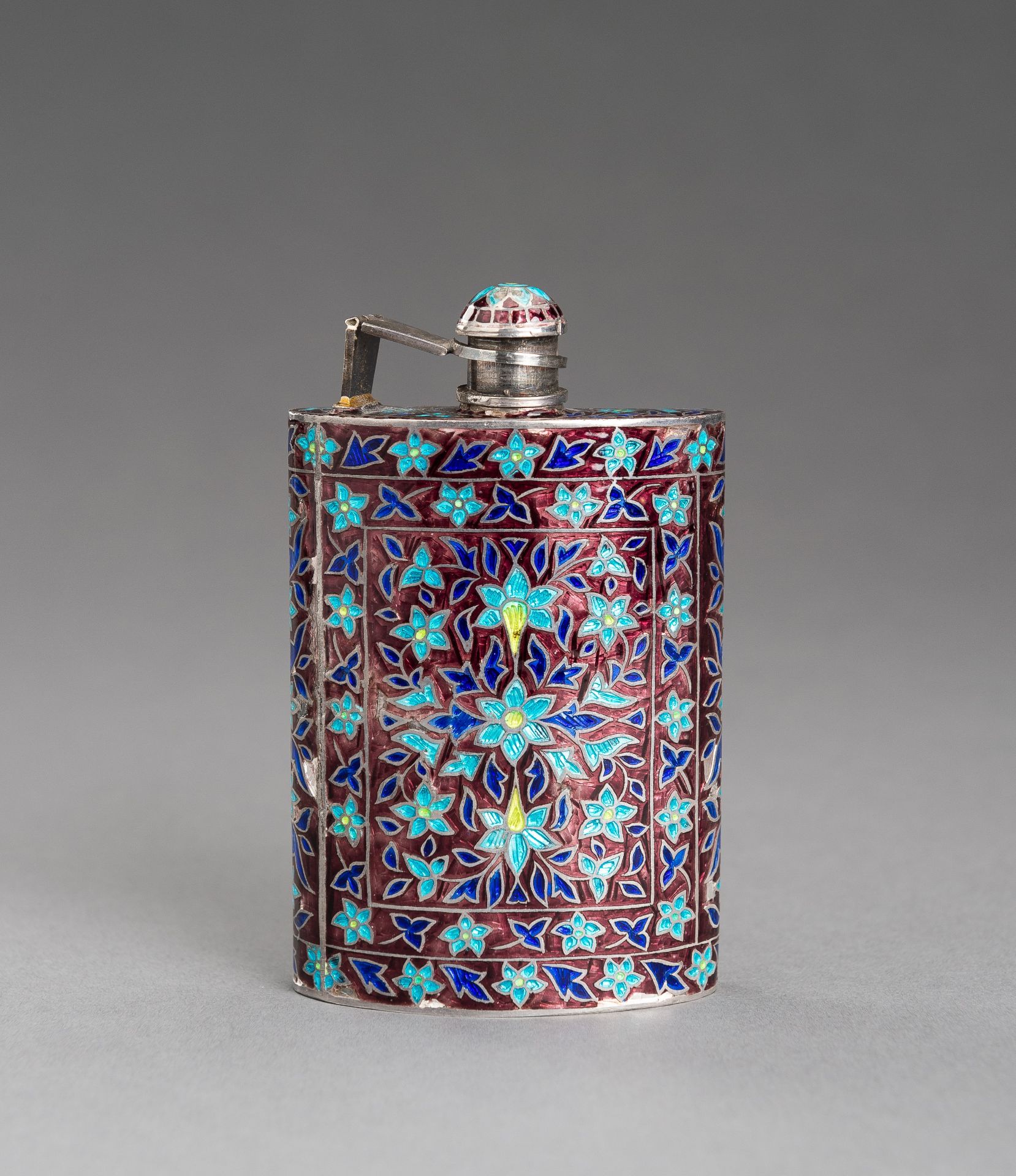 A MUGHAL STYLE ENAMELED SILVER HIP FLASK