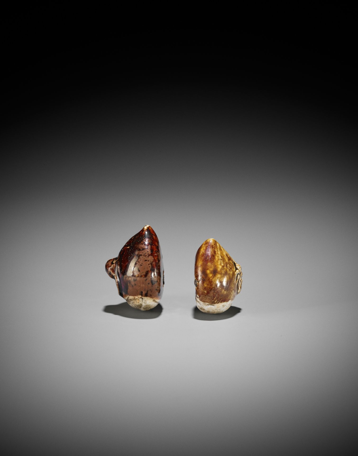 TWO GLAZED CERAMIC (YAKIMONO) NETSUKE OF CHESTNUTS WITH SMALL ANIMALS - Image 3 of 7