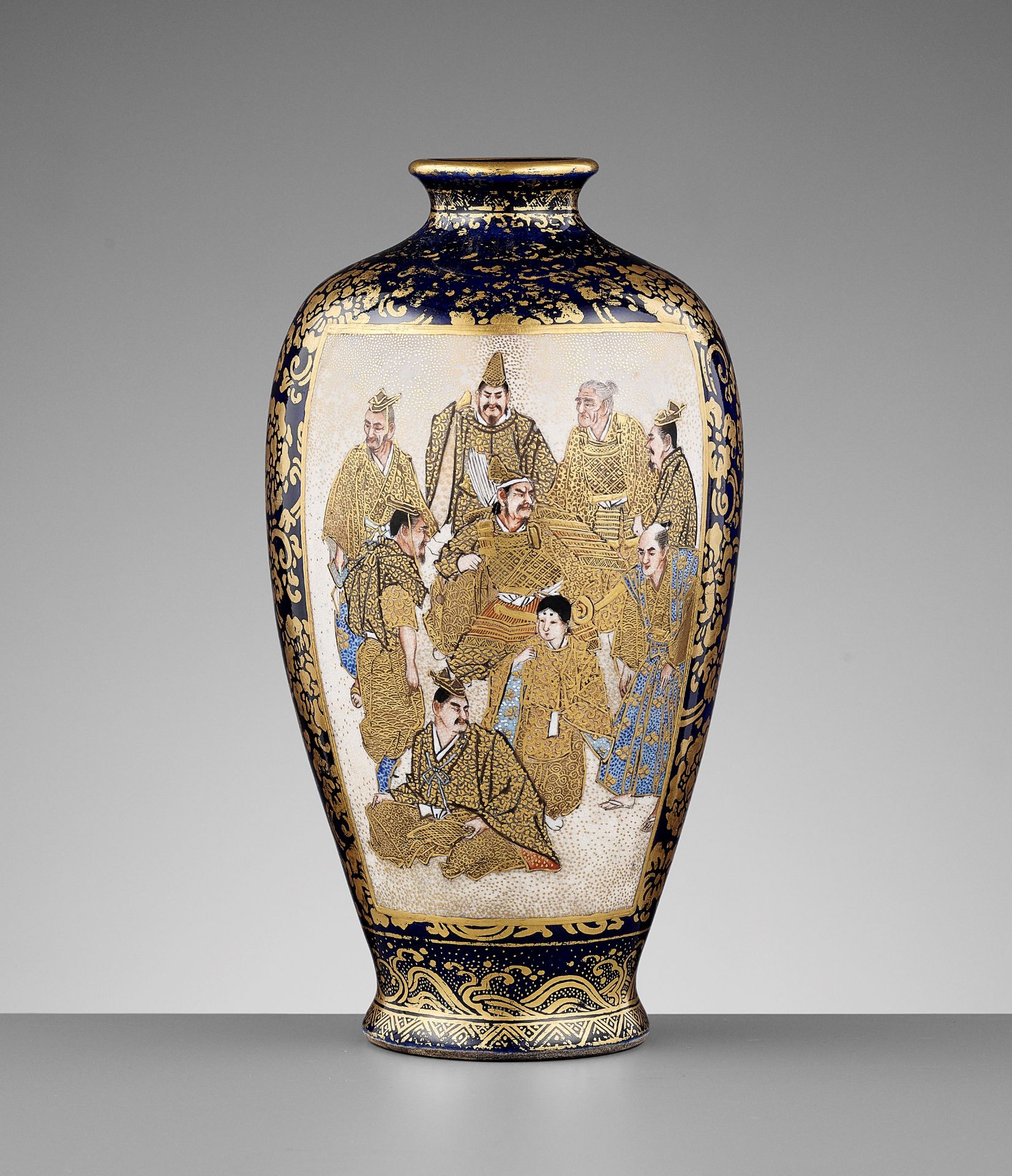 HOTODA: A SATSUMA CERAMIC VASE WITH SAMURAI AND LUCKY GODS