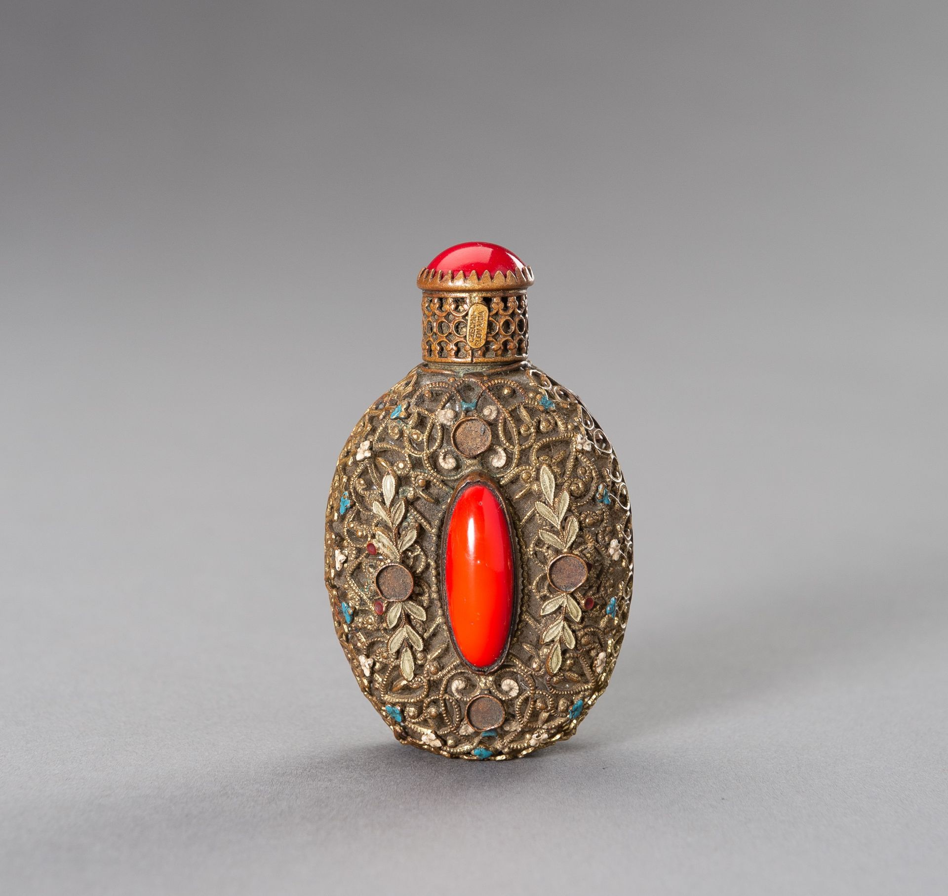 A CZECH EMBELLISHED METALWORK PERFUME BOTTLE, 19TH CENTURY