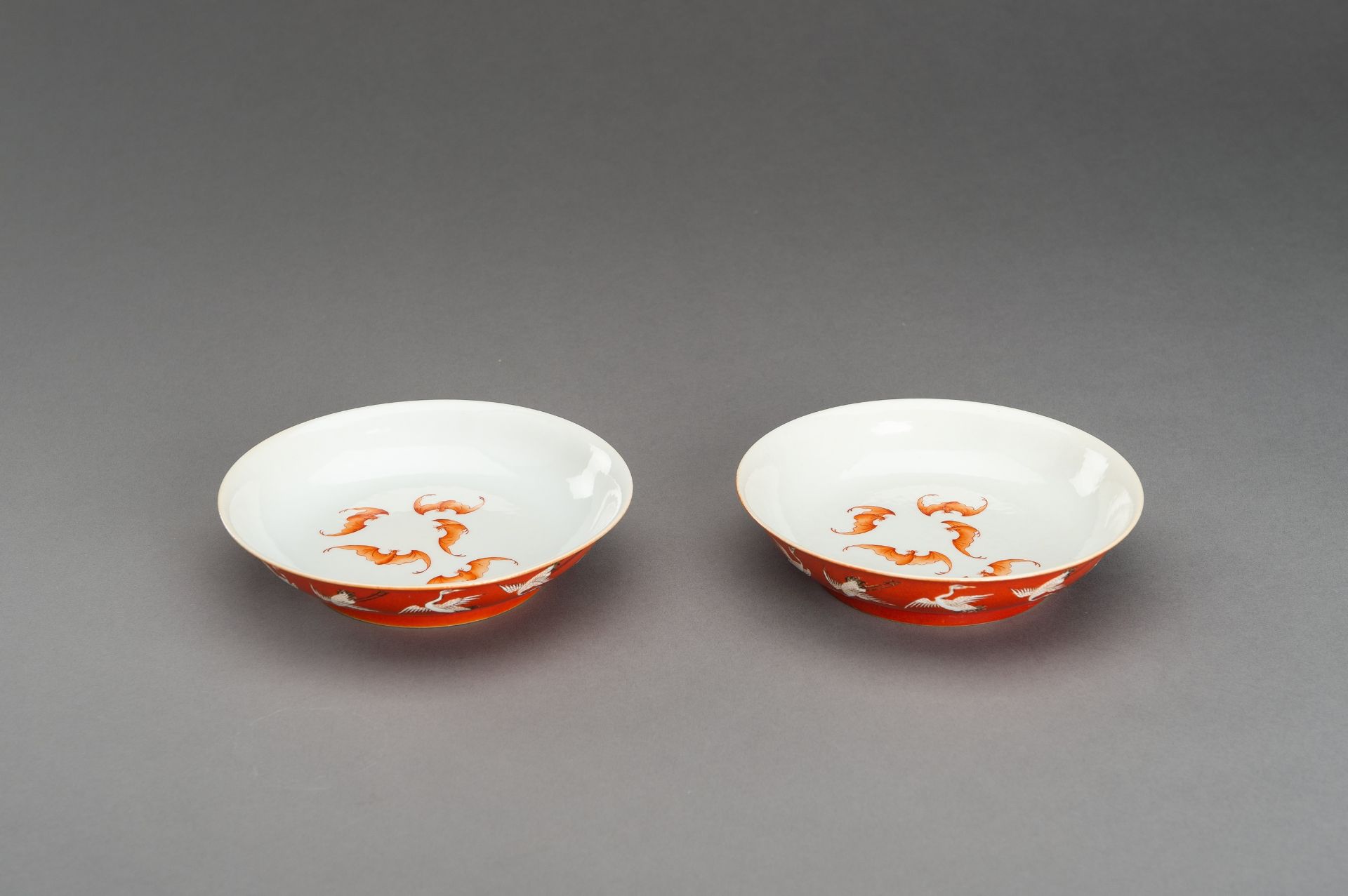 A PAIR OF RED GROUND 'BATS AND CRANES' SAUCER DISHES, GUANGXU MARK AND PROBABLY OF THE PERIOD - Image 7 of 13