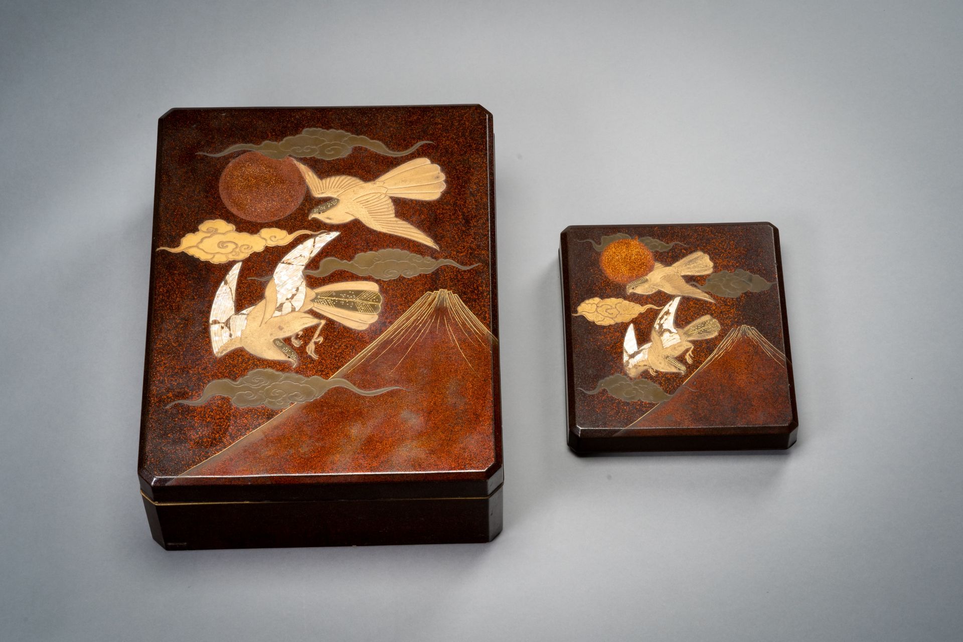 A LARGE LACQUER FUBAKO AND A SUZURIBAKO WITH BIRDS, TAISHO