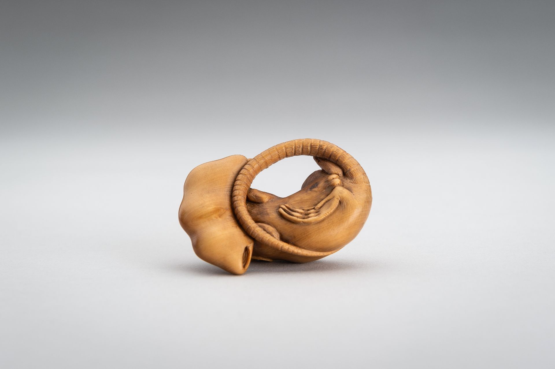 A WOOD NETSUKE OF A RAT WITH EDAMAME BEAN POD - Image 12 of 12