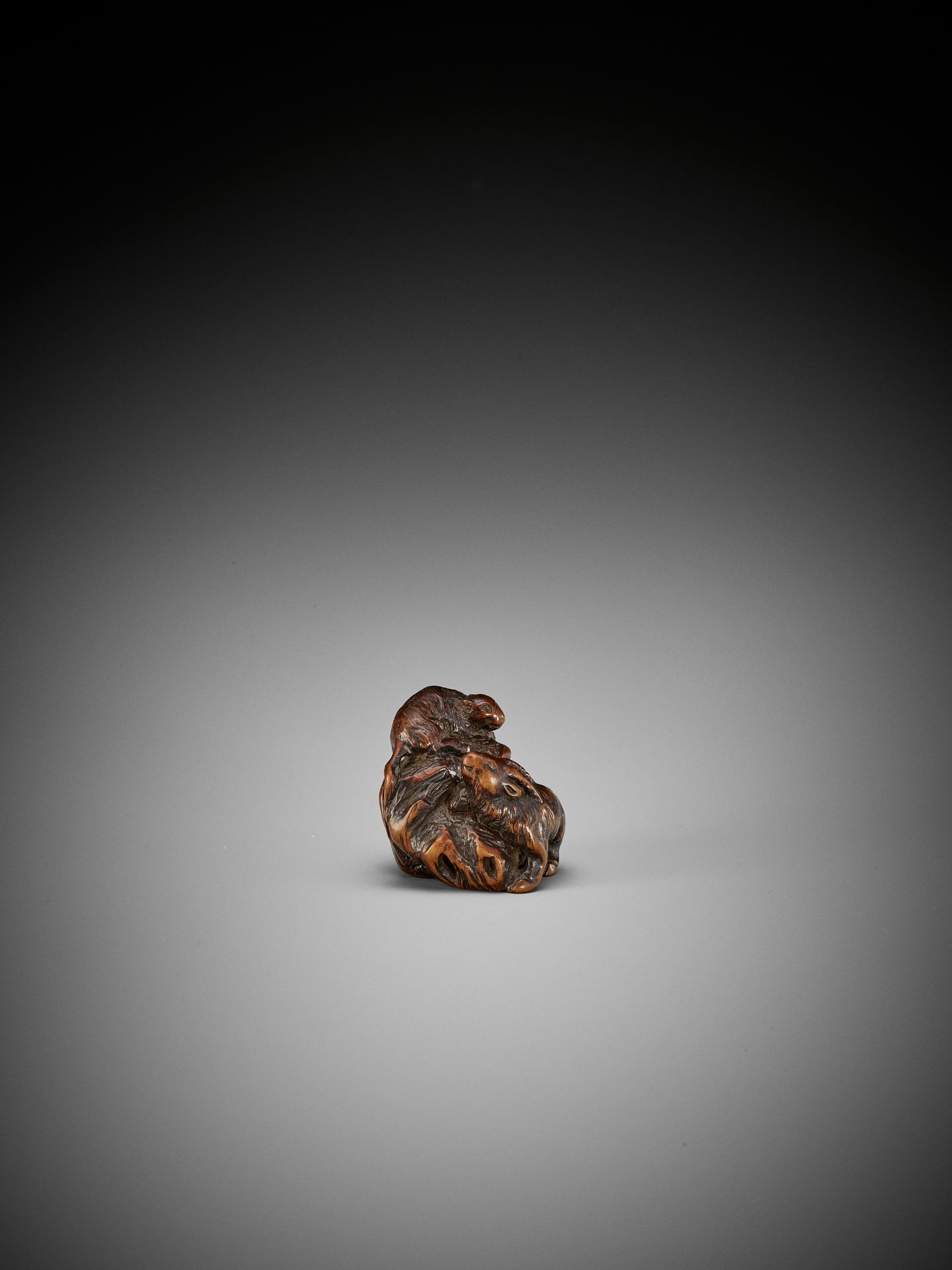 KOKEI: A RARE WOOD NETSUKE OF A GOAT AND YOUNG ON A ROCK - Image 9 of 14