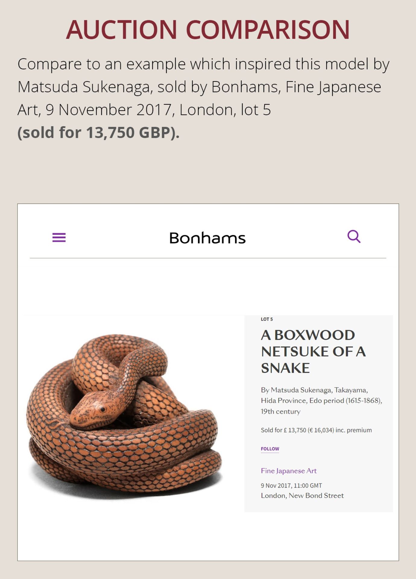 VADYM PYVOVAR: AN EBONY NETSUKE OF A COILED SNAKE AFTER MATSUDA SUKENAGA - Bild 4 aus 12