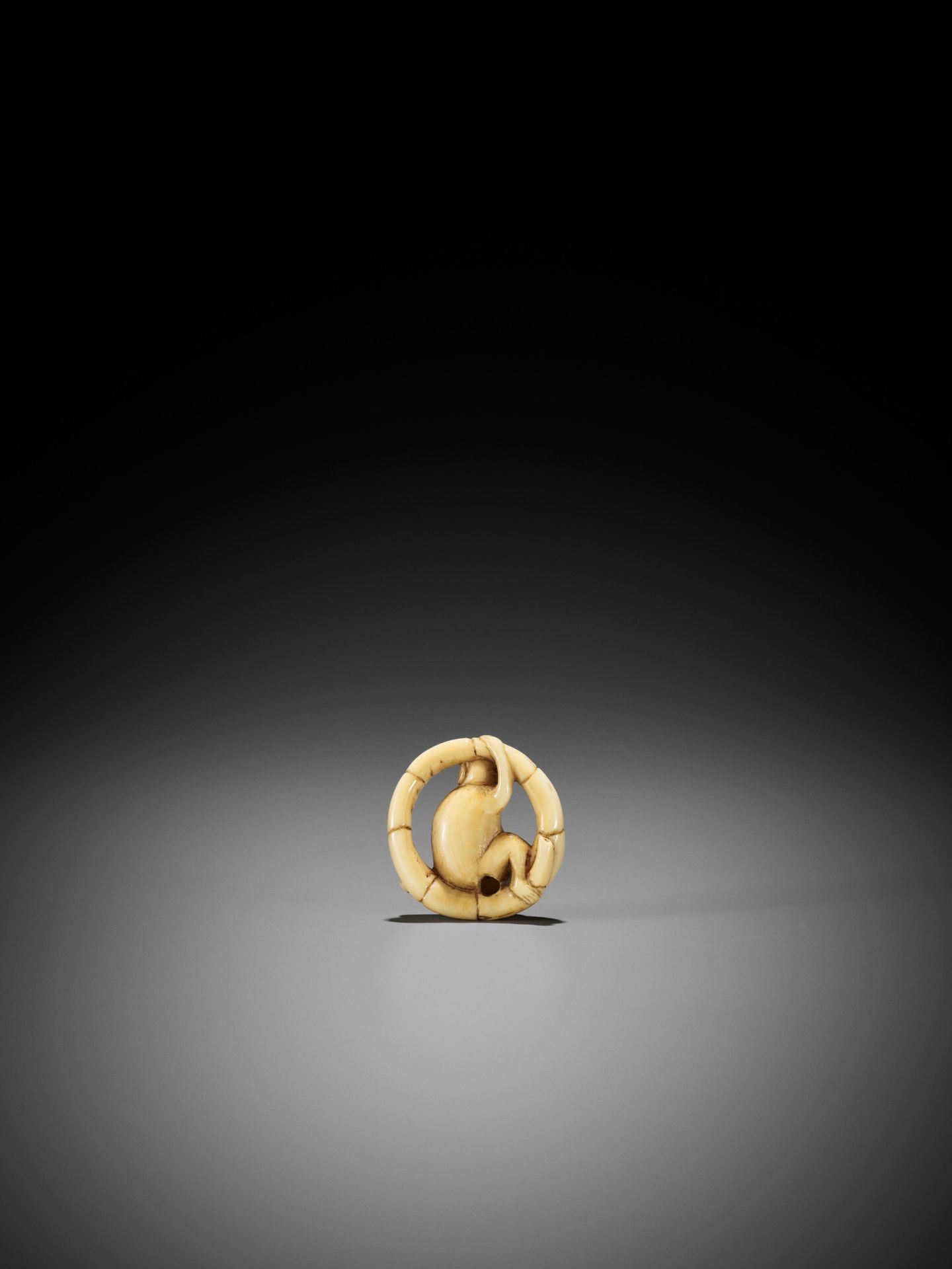 A MARINE IVORY NETSUKE OF A MONKEY SITTING IN A COILED BAMBOO NODE - Image 5 of 9