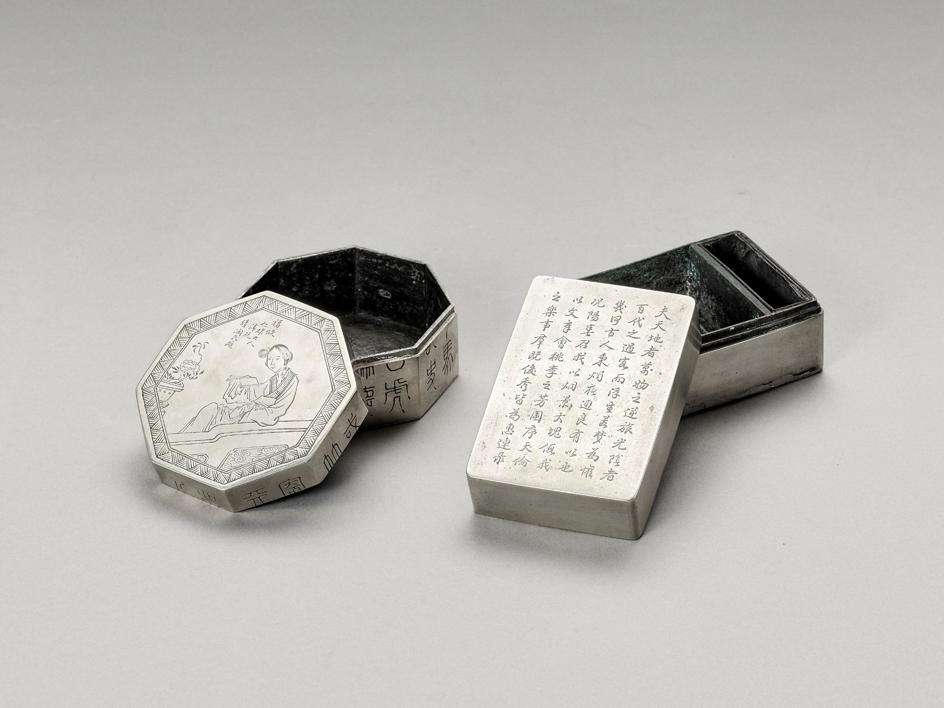 TWO SILVERED METAL INK STONE BOXES, LATE QING TO REPUBLIC