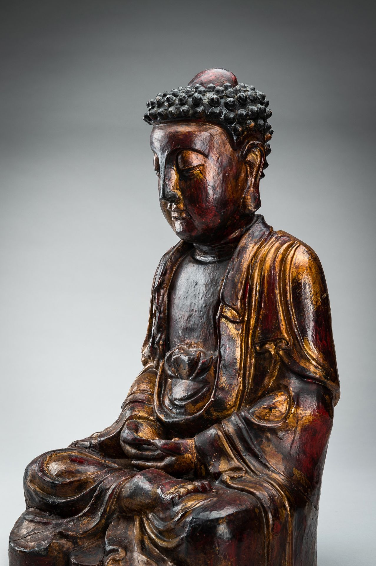 A POLYCHROME LACQUERED MING DYNASTY FIGURE OF BUDDHA - Image 9 of 13