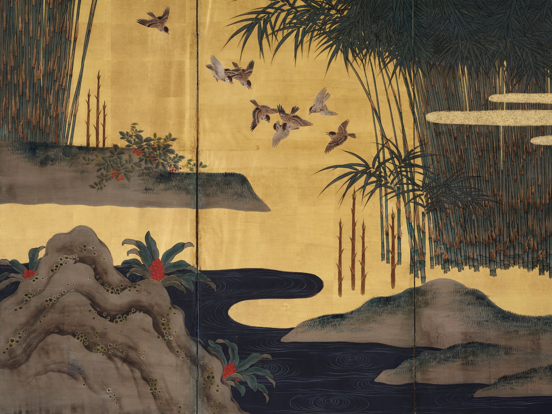 A PAIR OF FINE SIX-PANEL BYOBU SCREENS DEPICTING SPARROWS AND BAMBOO - Bild 10 aus 11