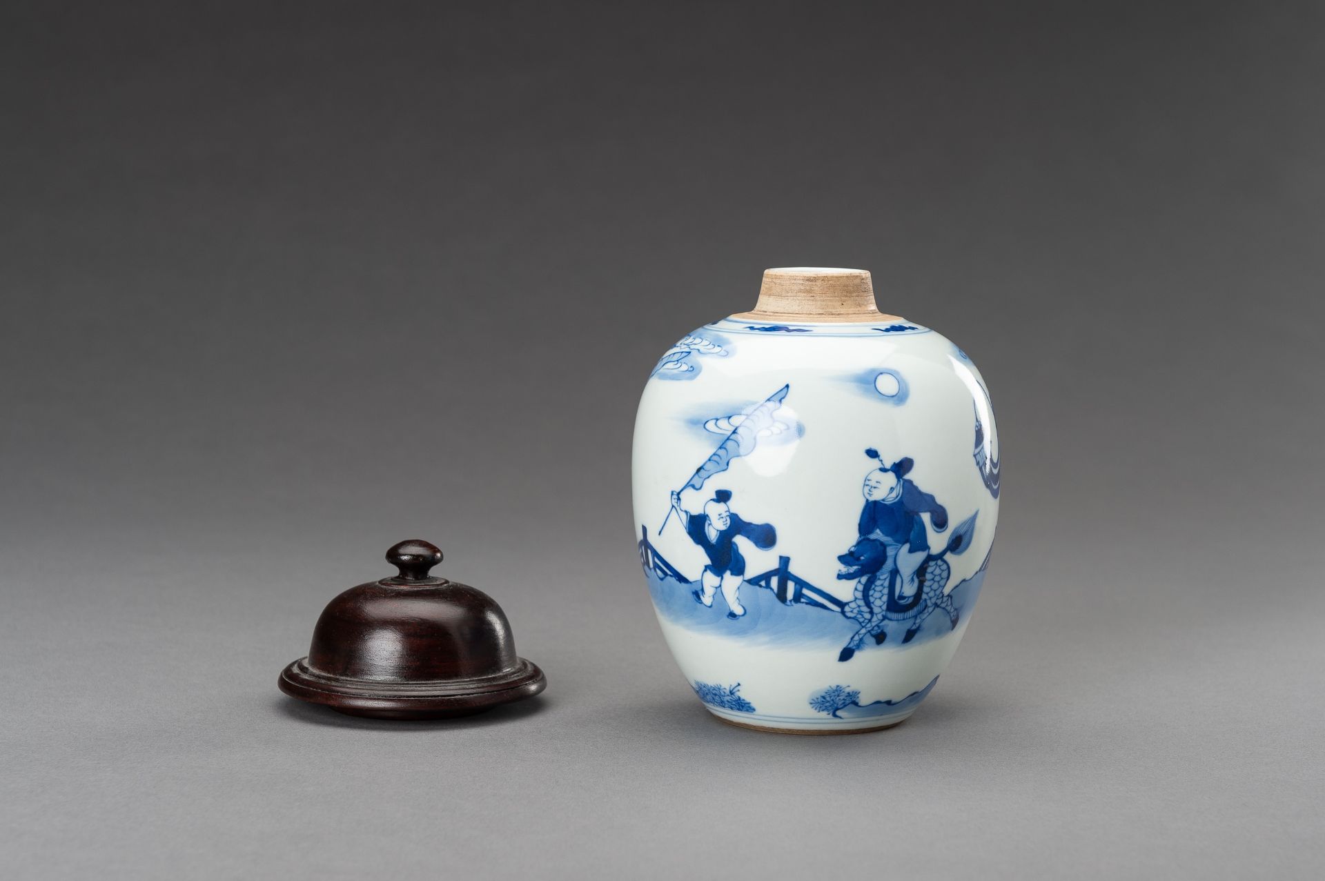 A BLUE AND WHITE 'WARRIOR RIDING A QILIN' PORCELAIN GINGER JAR, 1930s - Image 11 of 14