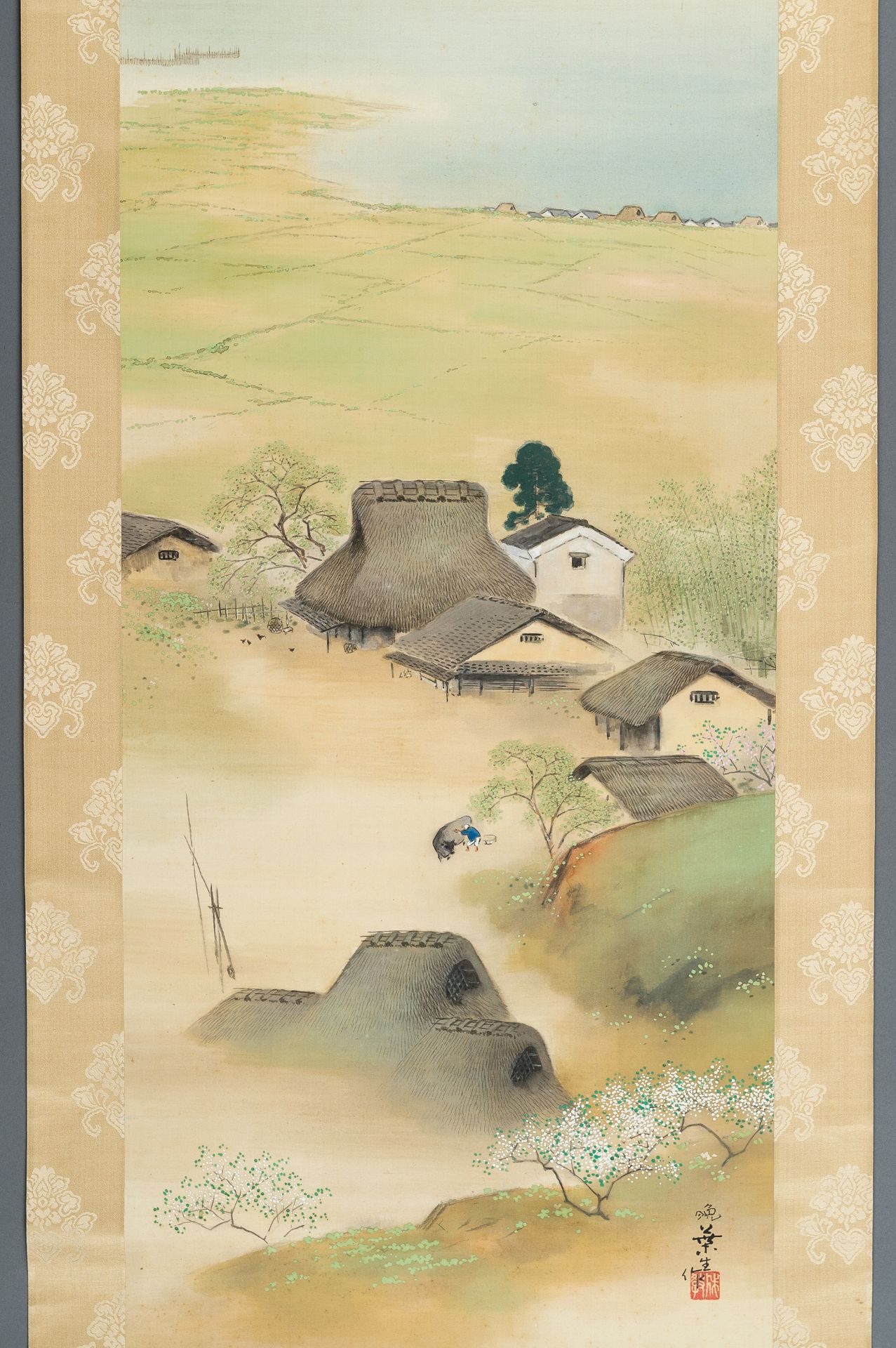 A SCROLL PAINTING DEPICTING A FARMER'S VILLAGE AND MOUNT FUJI - Image 3 of 12