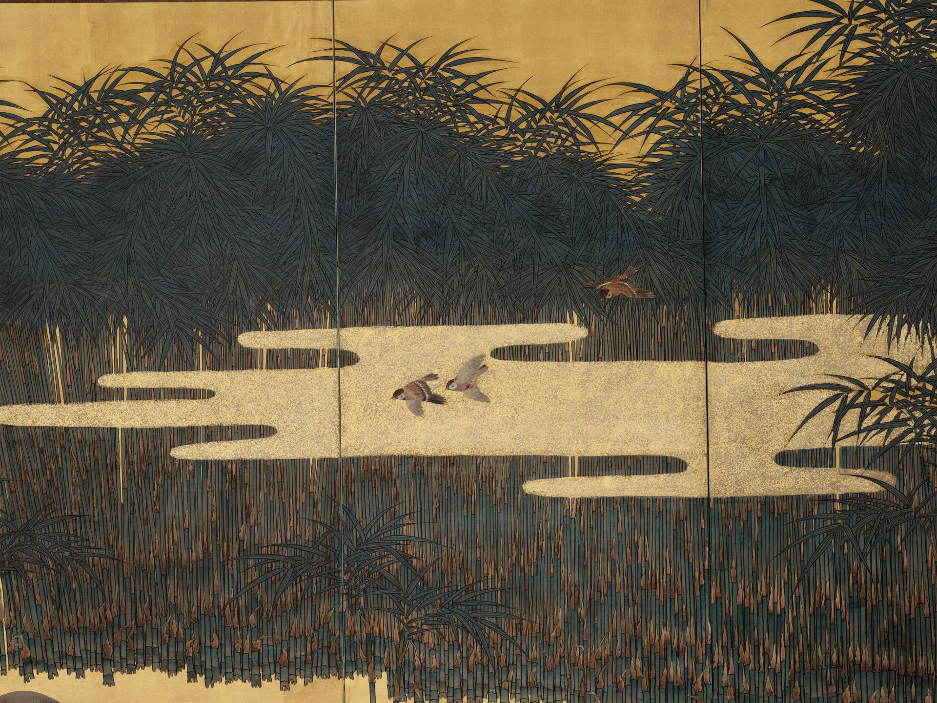 A PAIR OF FINE SIX-PANEL BYOBU SCREENS DEPICTING SPARROWS AND BAMBOO - Bild 8 aus 11