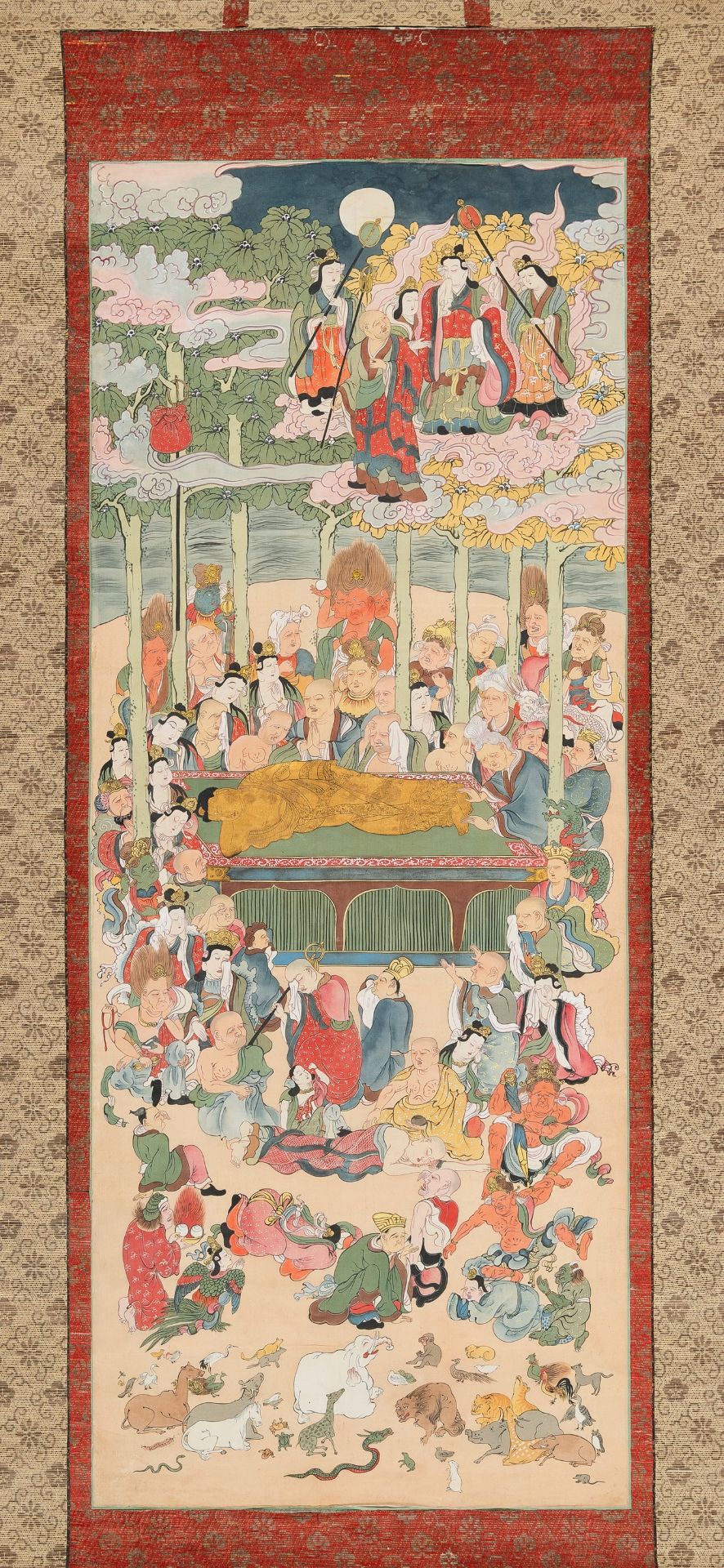 A RARE SCROLL PAINTING DEPICTING THE DEATH OF THE HISTORICAL BUDDHA (NEHAN-ZU)
