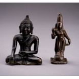 TWO INDIAN MINIATURE BRONZE FIGURES OF BUDDHA AND DEVI