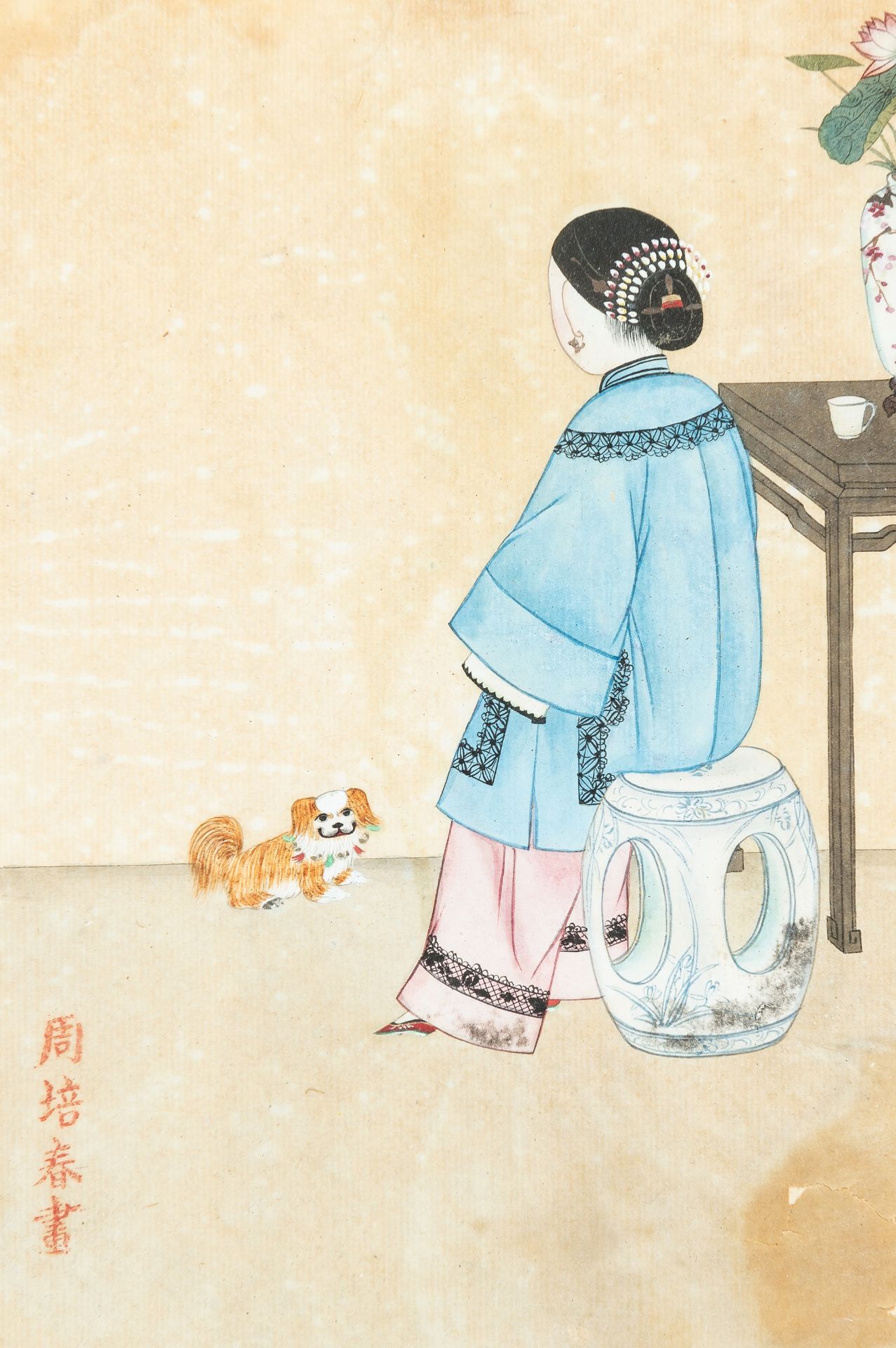 ZHOU PEI CHUN (active 1880-1910): A PAINTING OF A COURT LADY WITH A PEKINGESE, 1900s