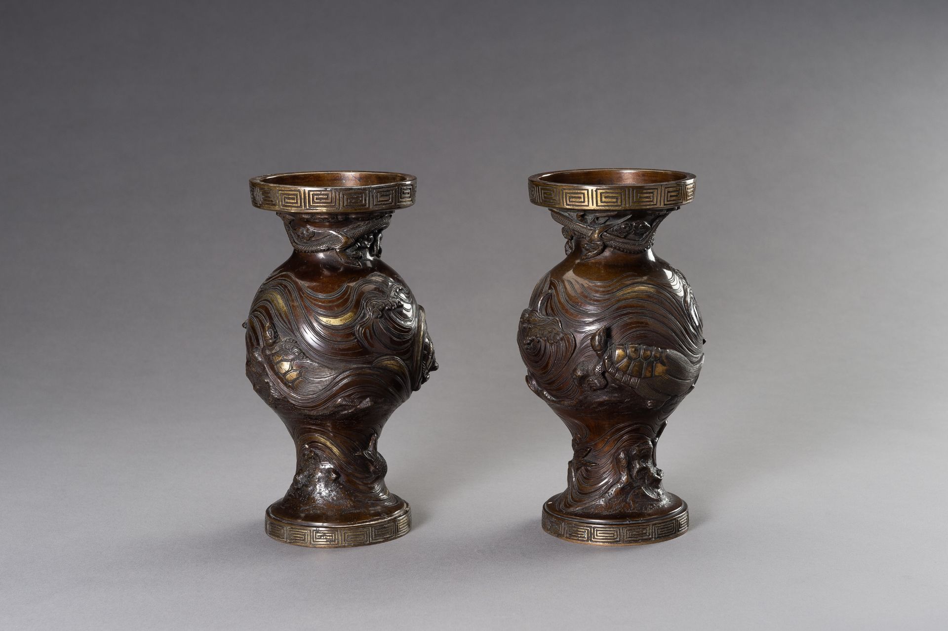 A PAIR OF PARCEL GILT BRONZE VASES DEPICTING MINOGAME - Image 8 of 10