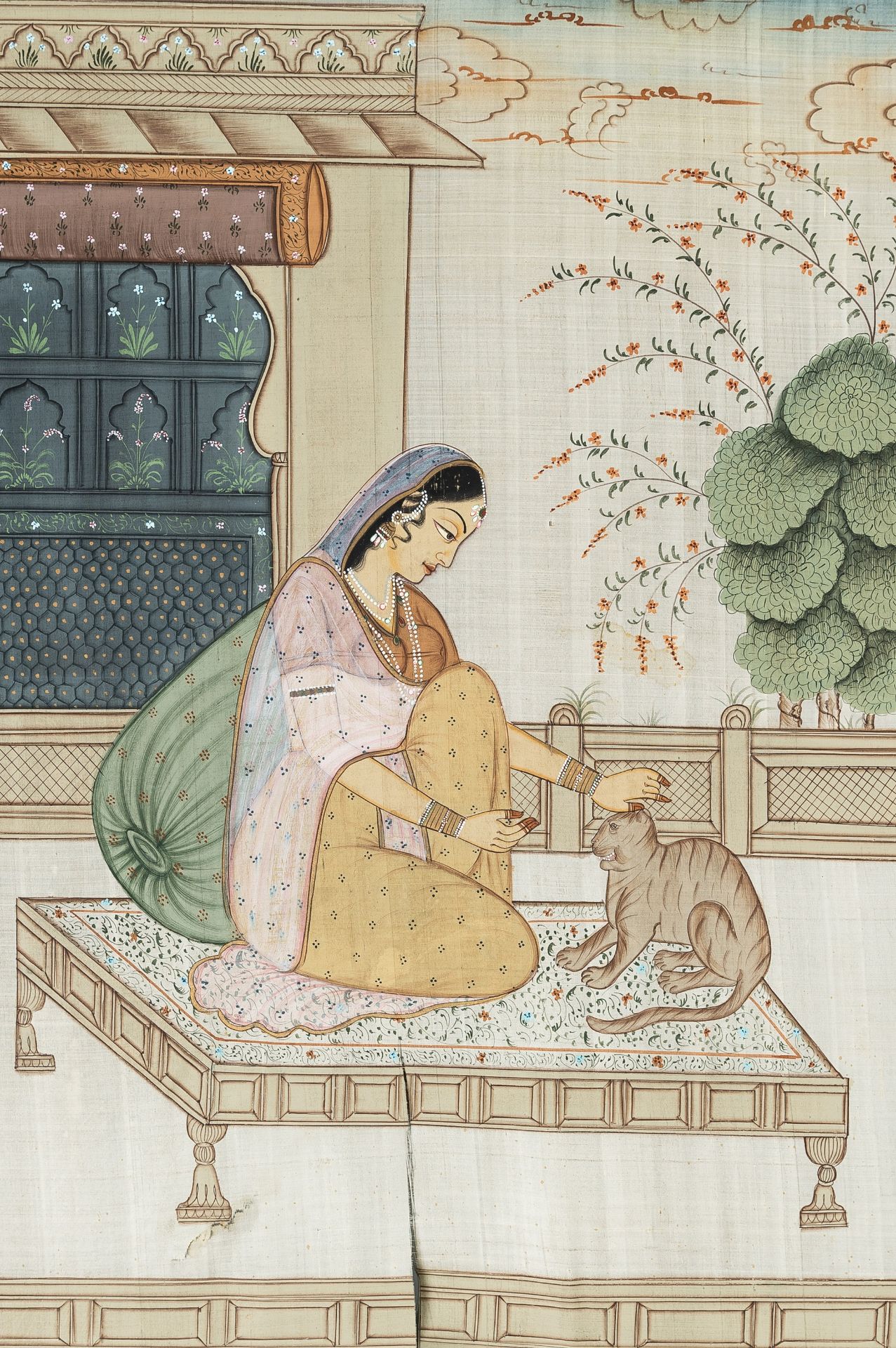 A LARGE INDIAN SILK PAINTING OF A NOBLEWOMAN WITH CAT - Image 5 of 7