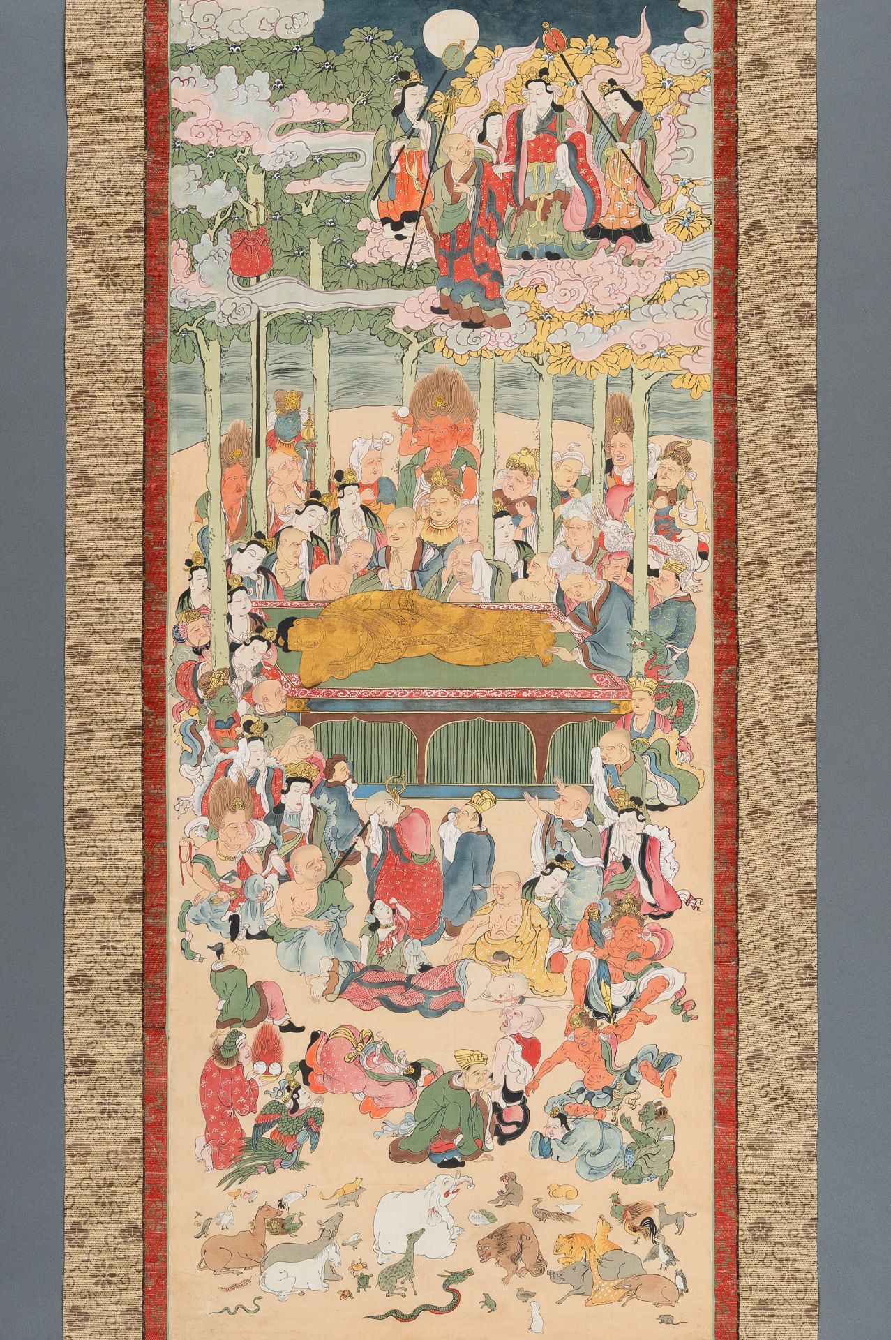 A RARE SCROLL PAINTING DEPICTING THE DEATH OF THE HISTORICAL BUDDHA (NEHAN-ZU) - Image 3 of 12