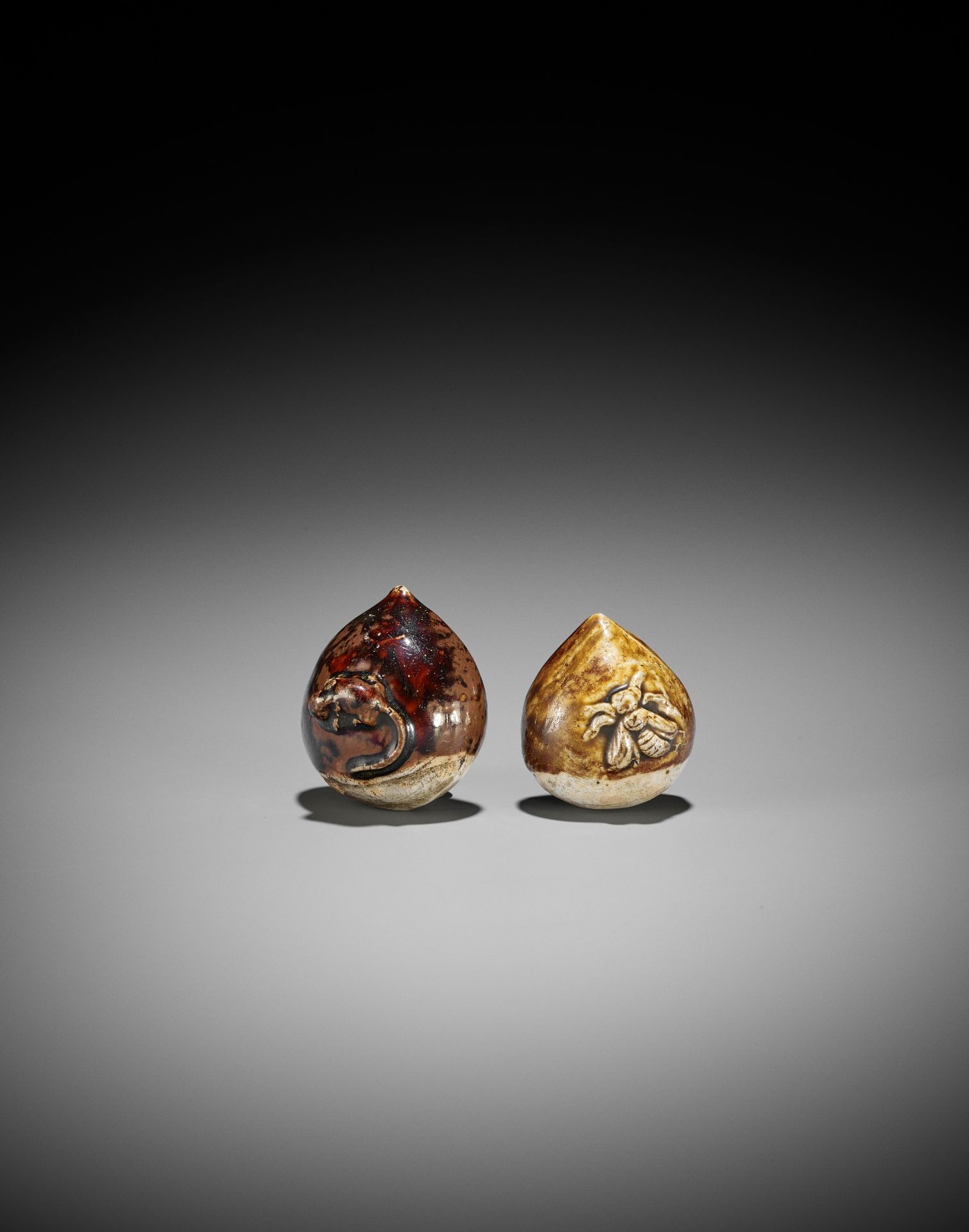 TWO GLAZED CERAMIC (YAKIMONO) NETSUKE OF CHESTNUTS WITH SMALL ANIMALS - Image 6 of 7