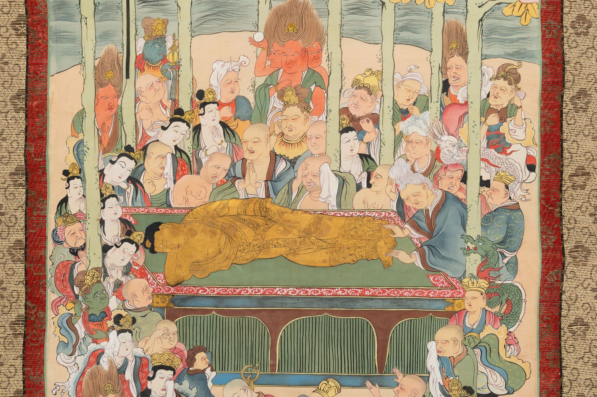 A RARE SCROLL PAINTING DEPICTING THE DEATH OF THE HISTORICAL BUDDHA (NEHAN-ZU) - Image 7 of 12