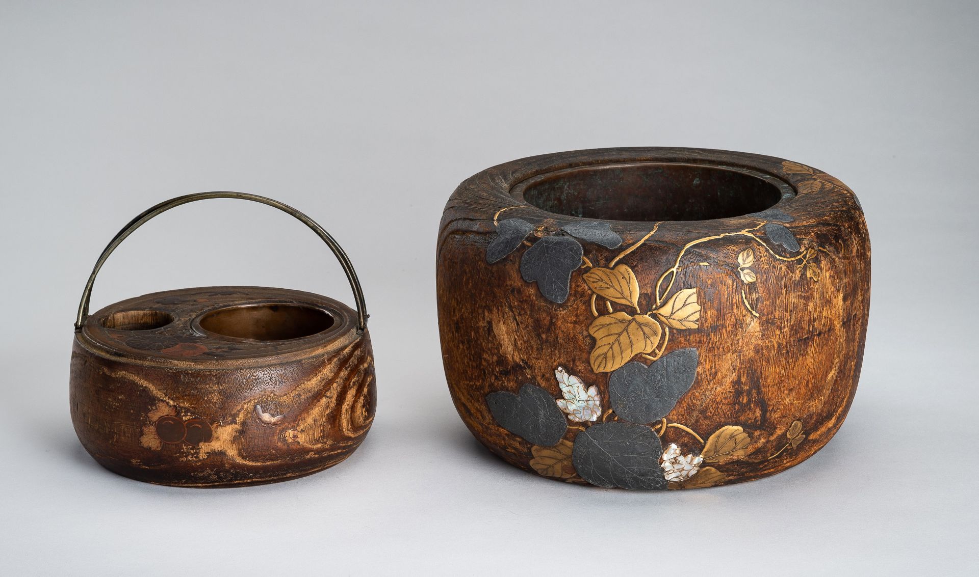 A LOT WITH TWO LACQUERED AND INLAID WOOD HIBACHI (BRAZIER), EDO