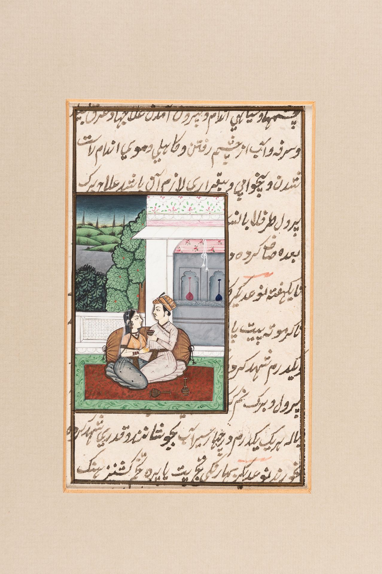 A MUGHAL MINIATURE PAINTING OF A COUPLE ON A TERRACE - Image 4 of 6