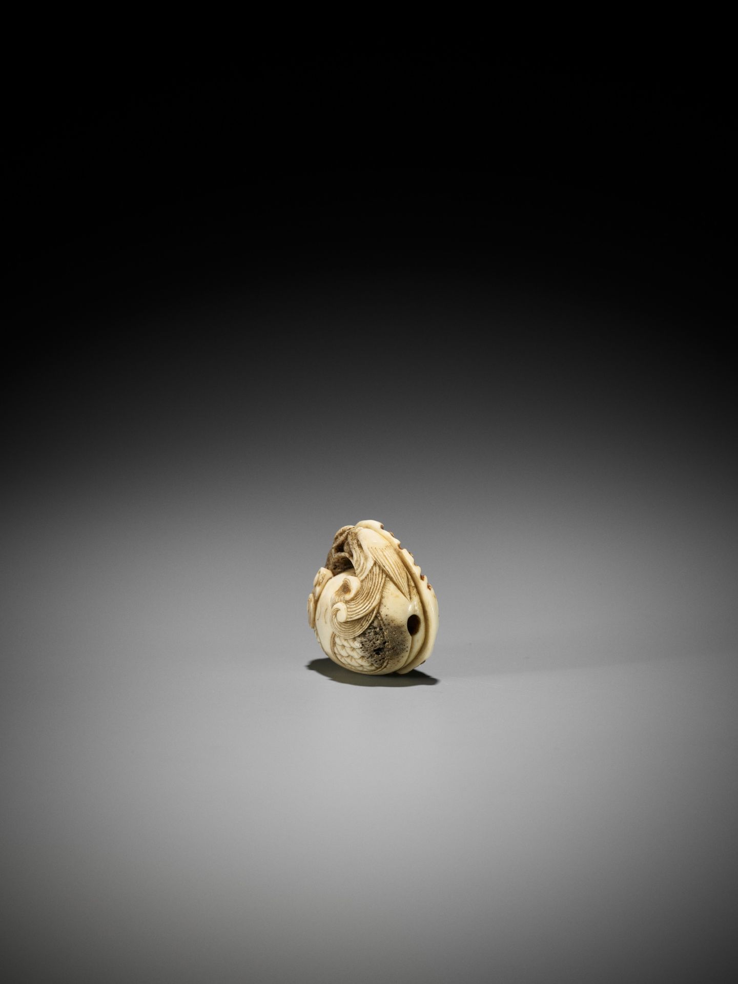 A FINE STAG ANTLER NETSUKE OF A DOUBLE DRAGON-HEADED MOKUGYO - Image 5 of 11