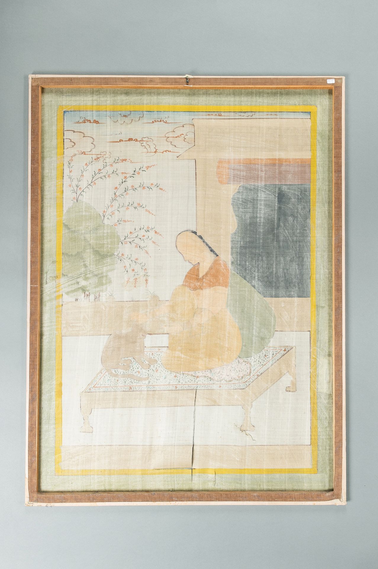 A LARGE INDIAN SILK PAINTING OF A NOBLEWOMAN WITH CAT - Image 7 of 7