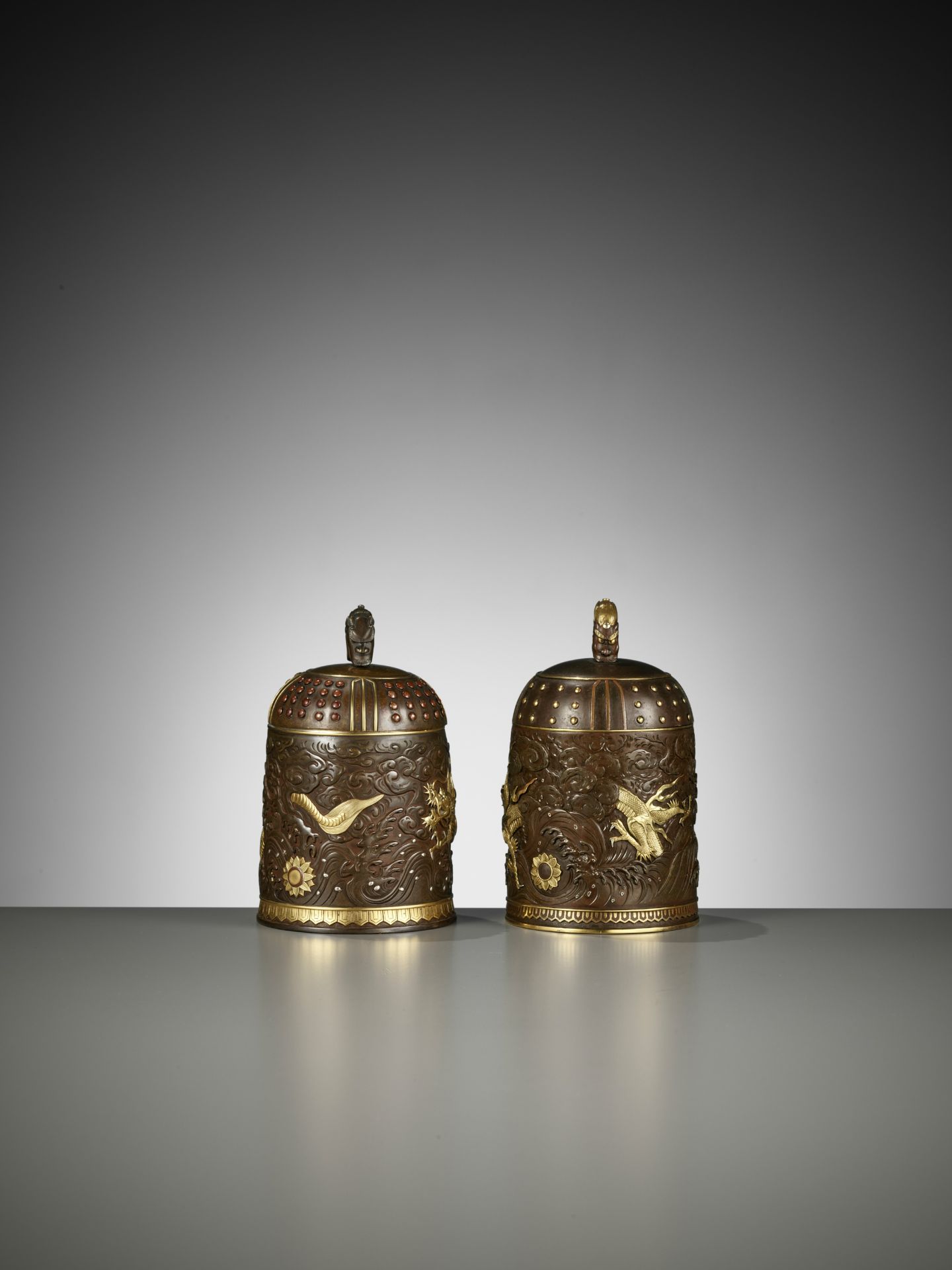 A MATCHED PAIR OF GOLD-INLAID BRONZE 'BUDDHIST TEMPLE BELL' KOGO, ONE BY MIYABE ATSUYOSHI - Image 6 of 15