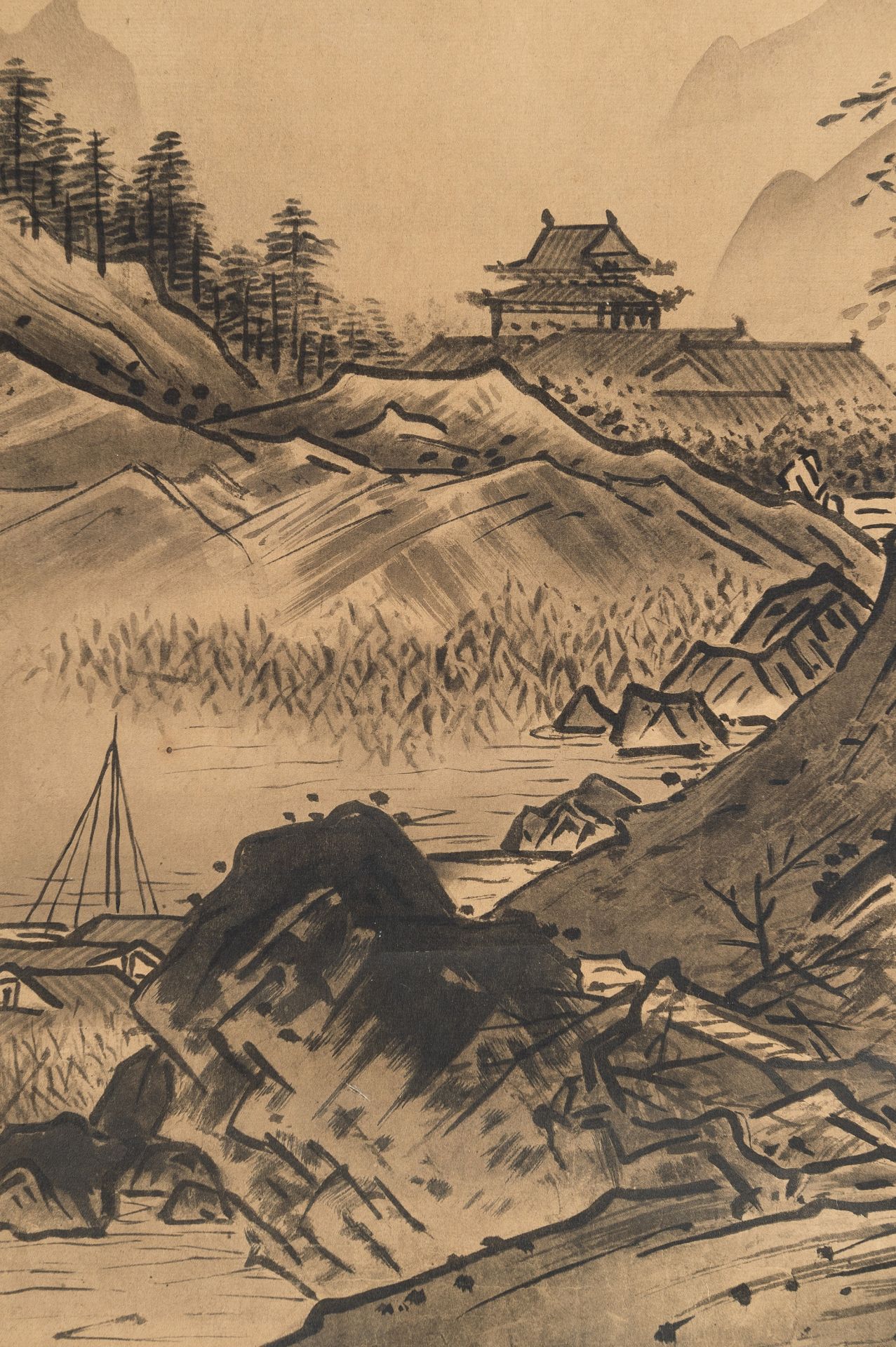 A SCROLL PAINTING OF A MOUNTAINOUS LANDSCAPE - Image 3 of 10