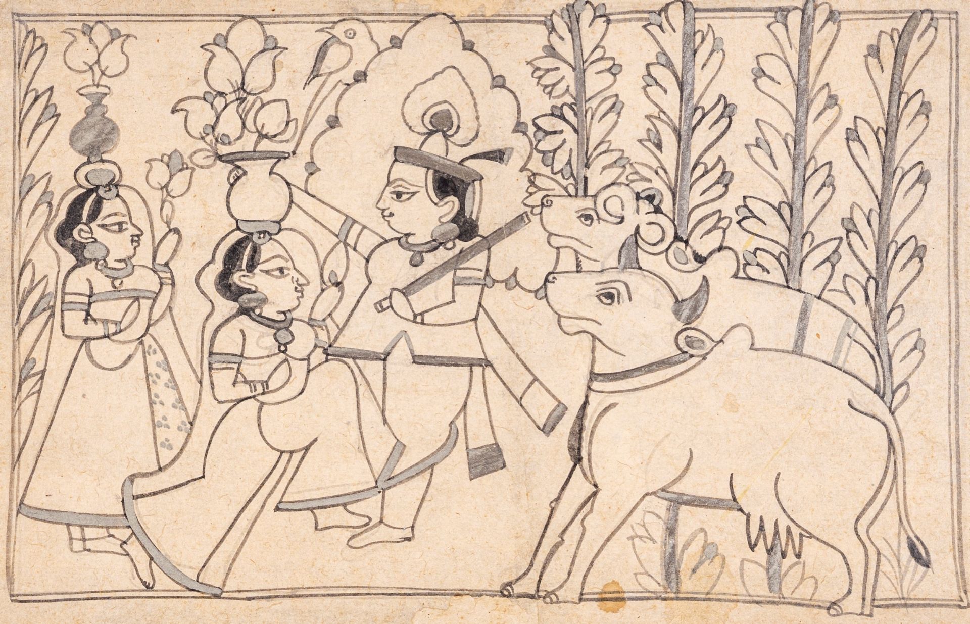 AN INDIAN MINIATURE PAINTING OF KRISHNA WITH GOPIS, c. 1870s