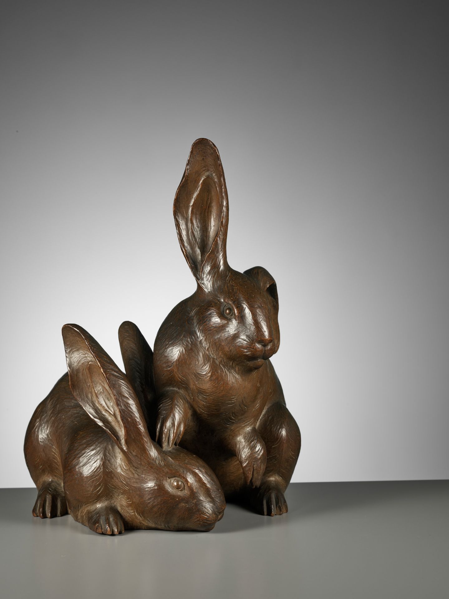 HIROYUKI: A FINE BOXWOOD OKIMONO OF LONG-EARED HARES - Image 11 of 13