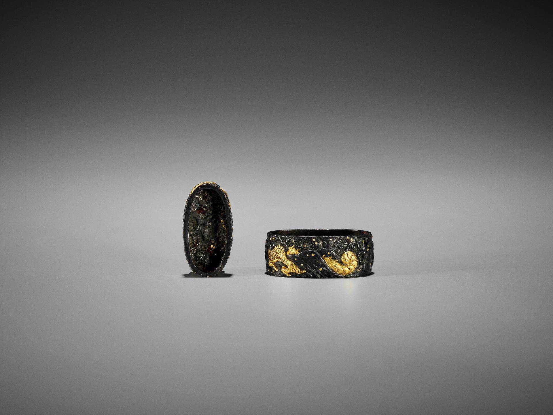 MASATOMO: A FINE SHAKUDO AND GOLD FUCHI AND KASHIRA WITH DRAGONS IN CRASHING WAVES - Image 2 of 7