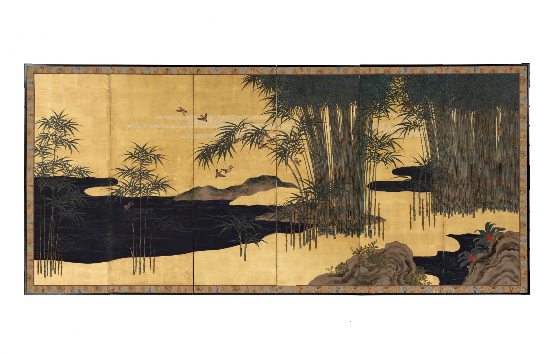 A PAIR OF FINE SIX-PANEL BYOBU SCREENS DEPICTING SPARROWS AND BAMBOO - Bild 2 aus 11